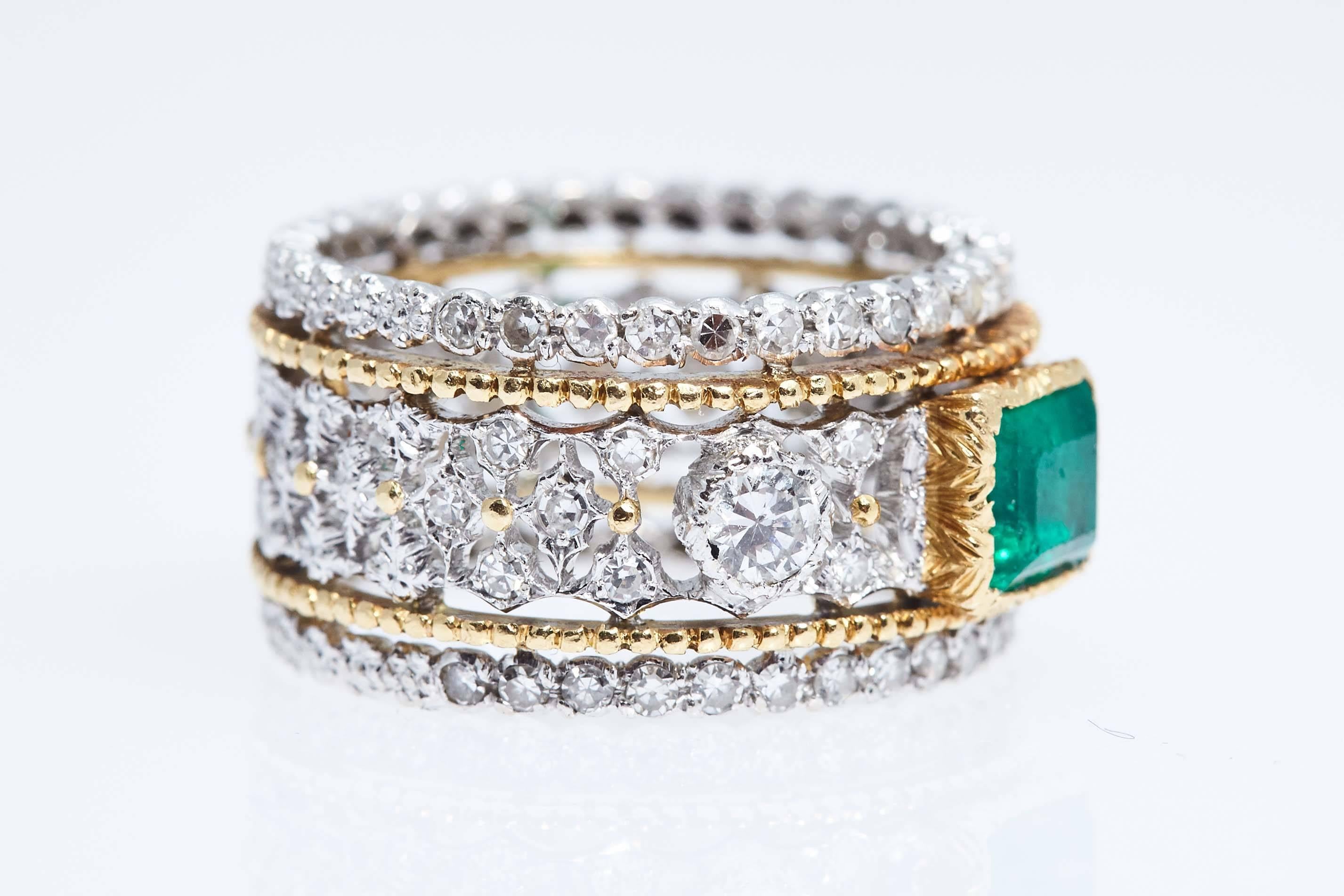 Buccellati Emerald Diamond Gold Silver Ring In Good Condition For Sale In New York, NY