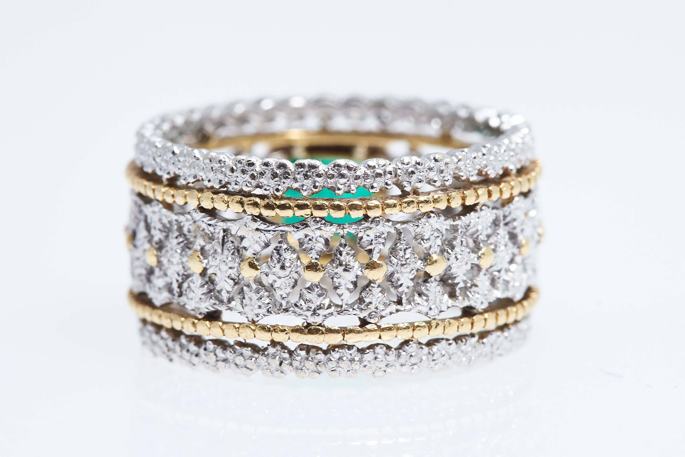 Modern Buccellati Emerald Diamond Gold Silver Ring For Sale