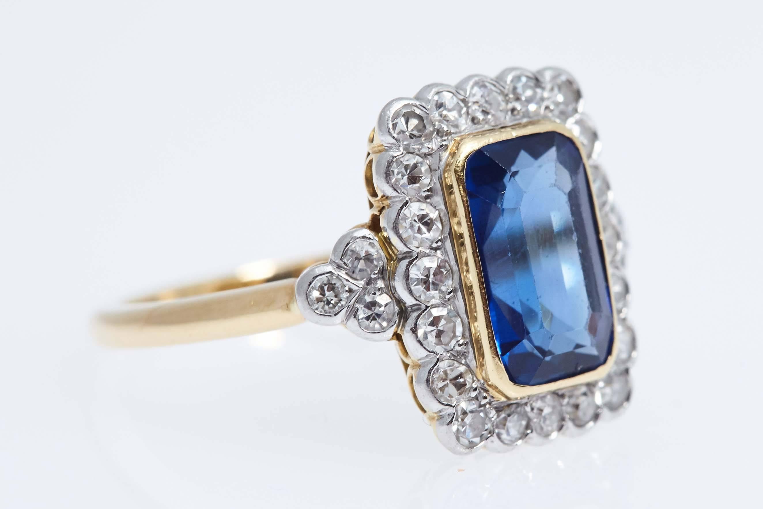 Edwardian Burma Emerald Cut Blue Sapphire Diamond Gold Ring For Sale