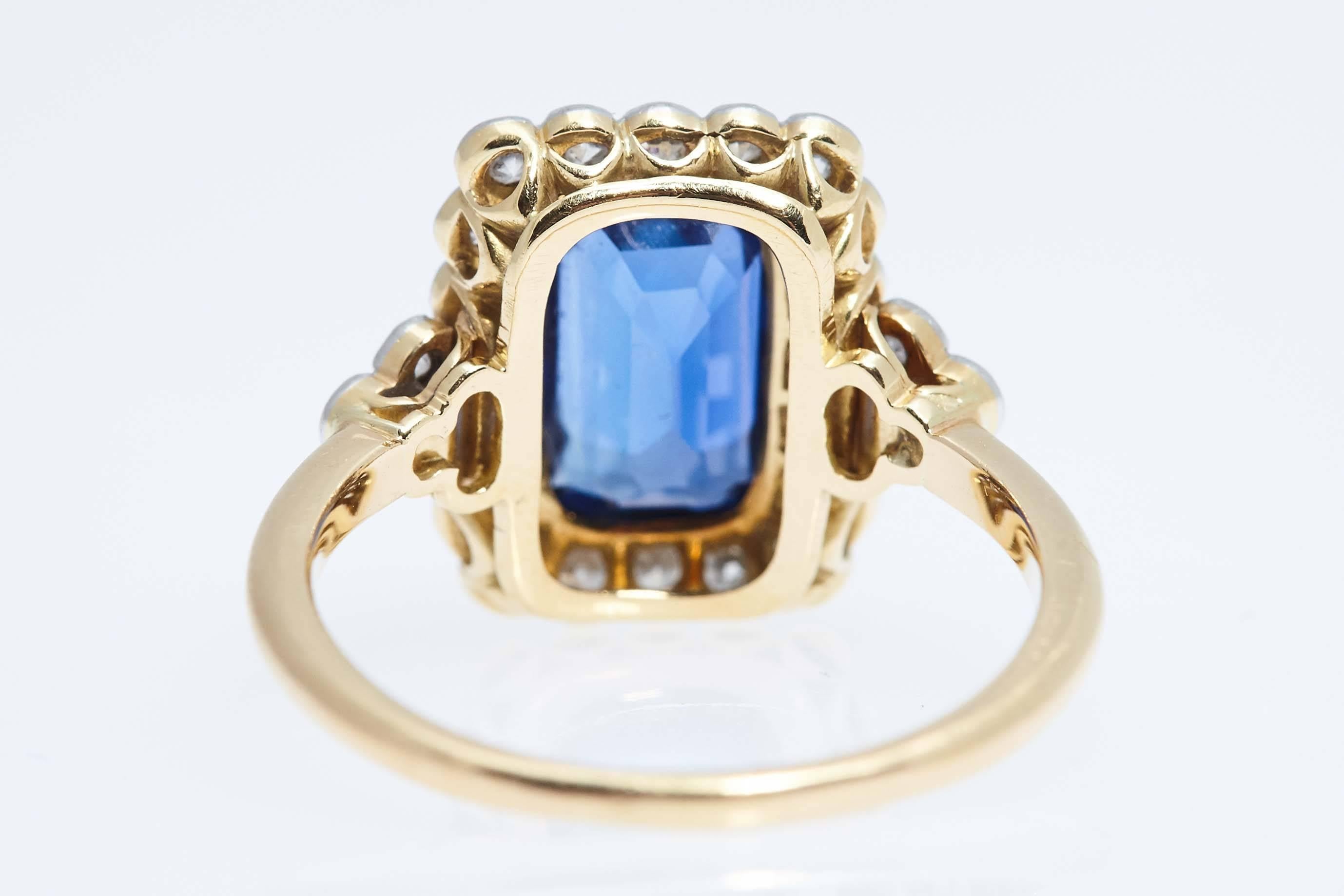 Women's Burma Emerald Cut Blue Sapphire Diamond Gold Ring For Sale