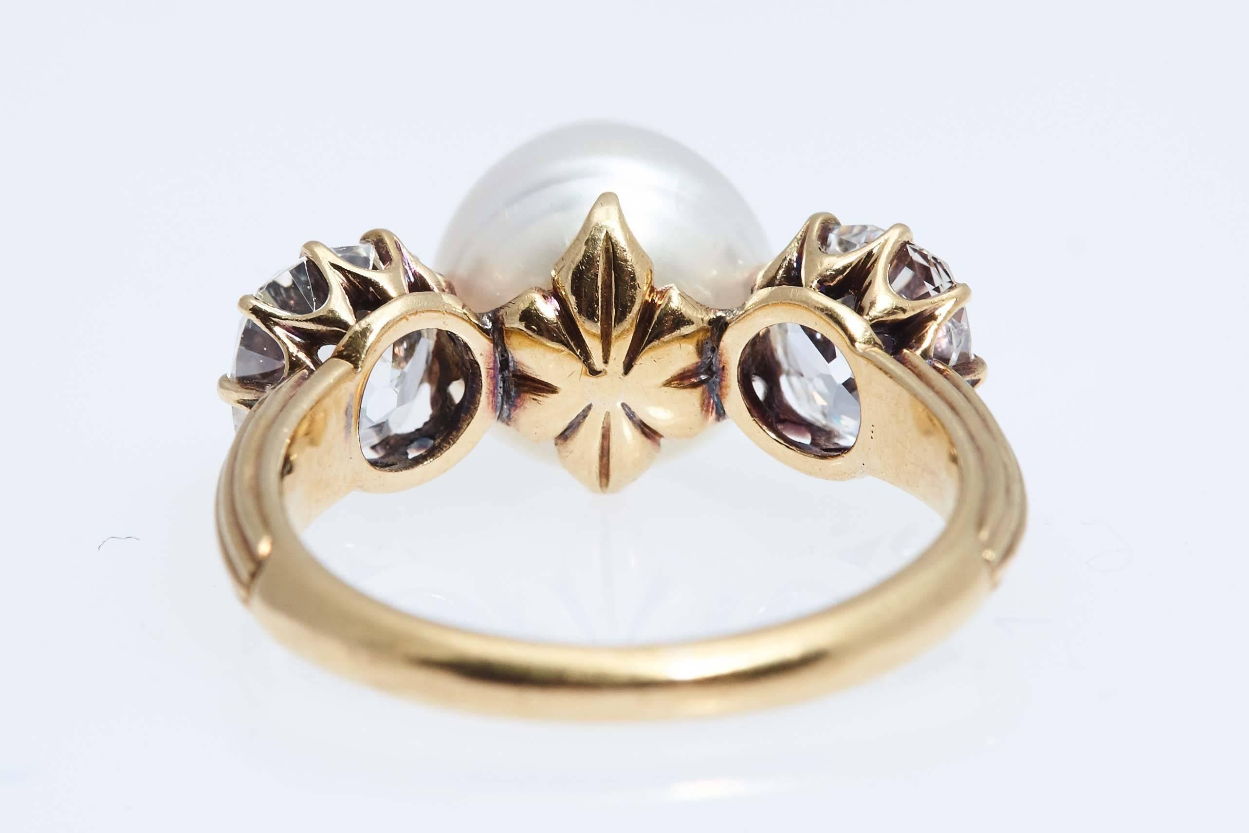 Women's Antique Natural Pearl Diamond Gold Ring For Sale