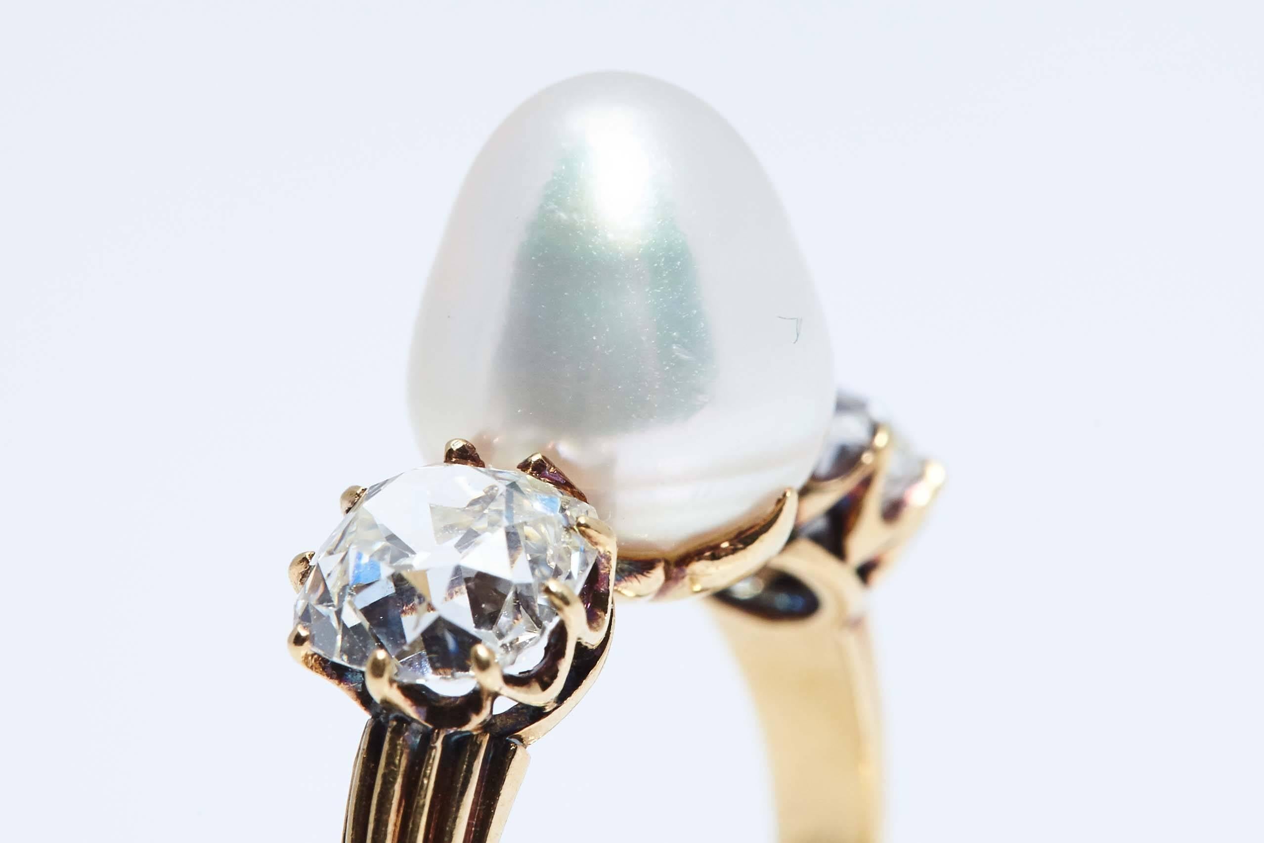 Edwardian Antique Natural Pearl Diamond Gold Ring For Sale