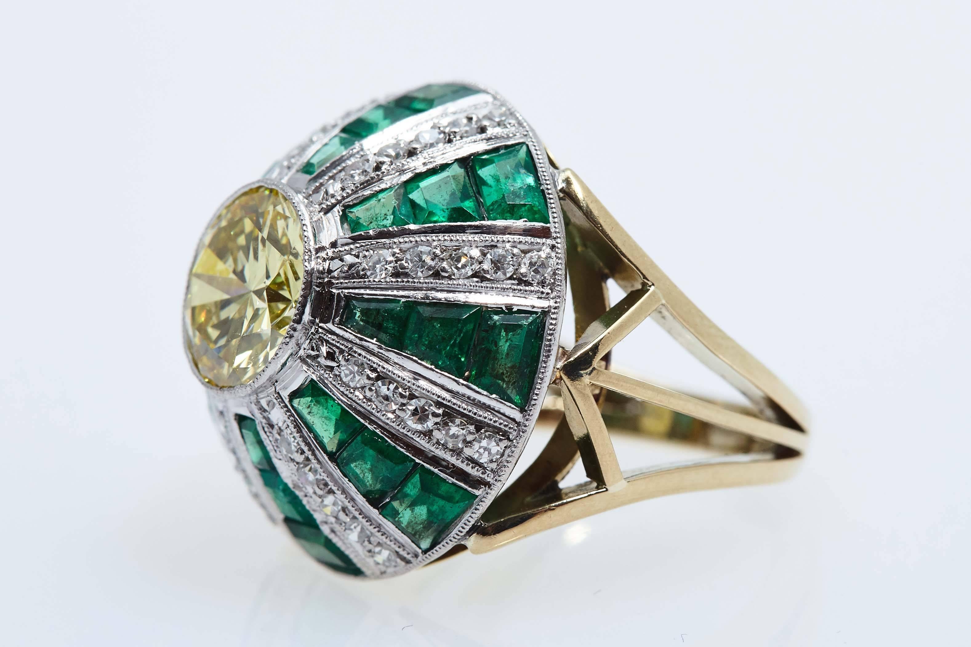 Art Deco Fancy Yellow GIA 2.62 Carat Platinum Gold Diamond Emerald Ring For Sale