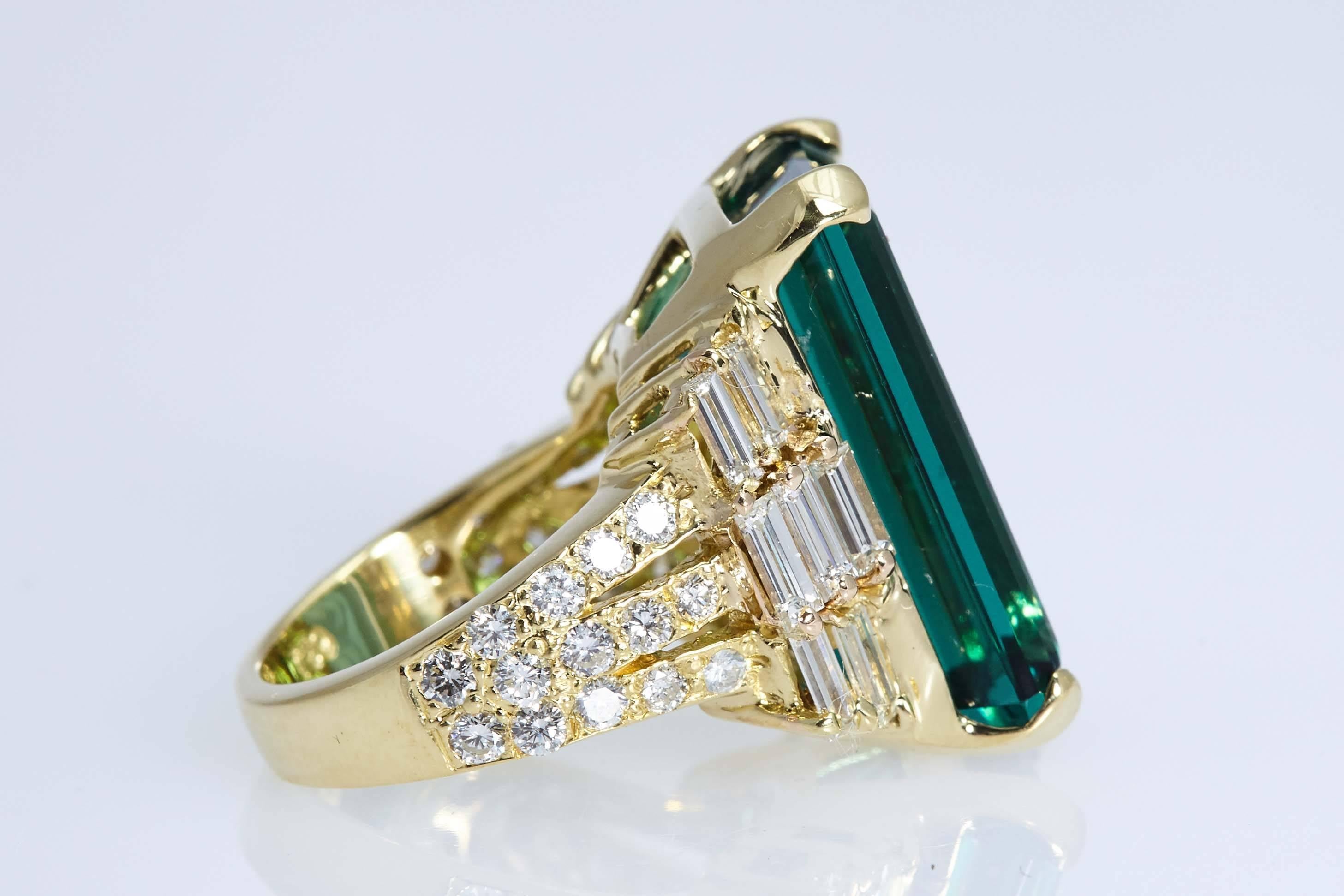 Modern Emerald Cut Tourmaline 22.98 Carat Diamond Gold Ring For Sale