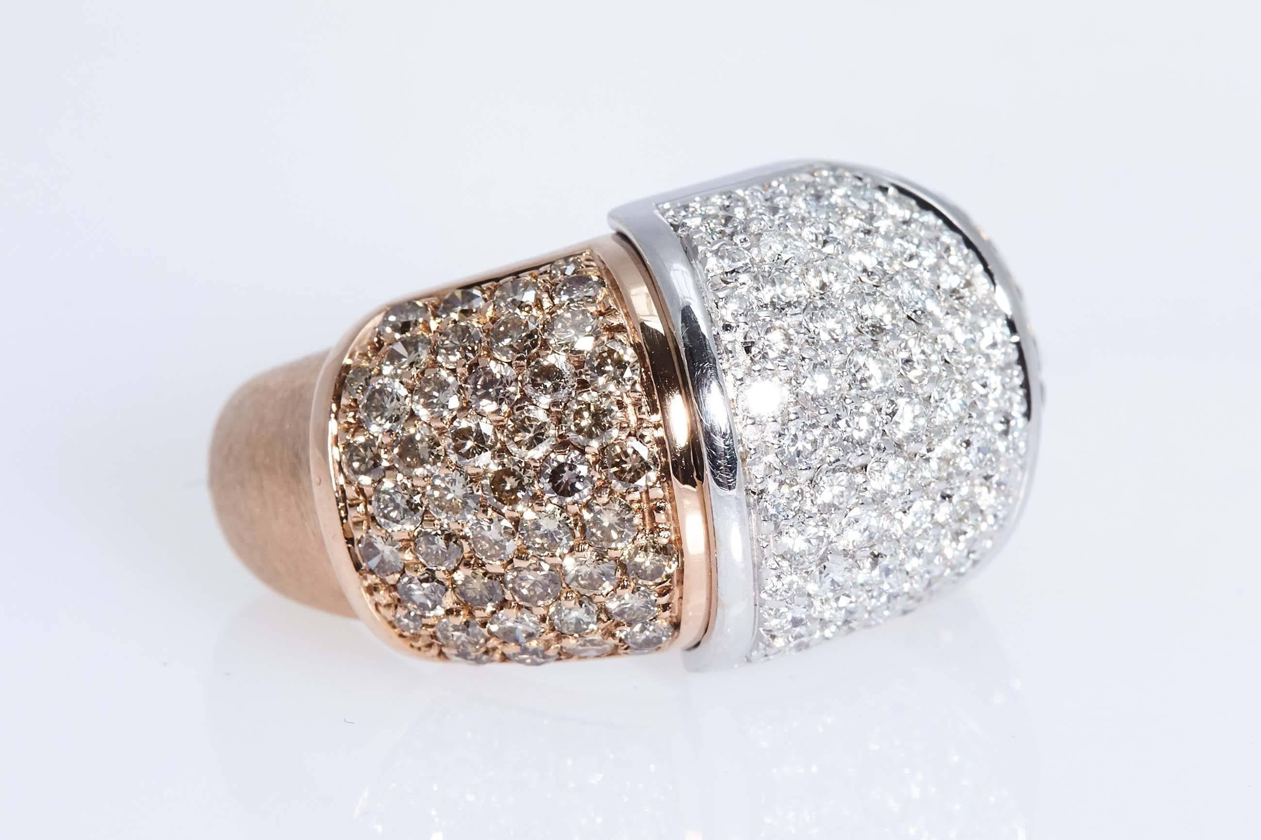 Contemporary 3.19 Carat White and Brown Diamonds Pink and White Gold Statement Ring For Sale