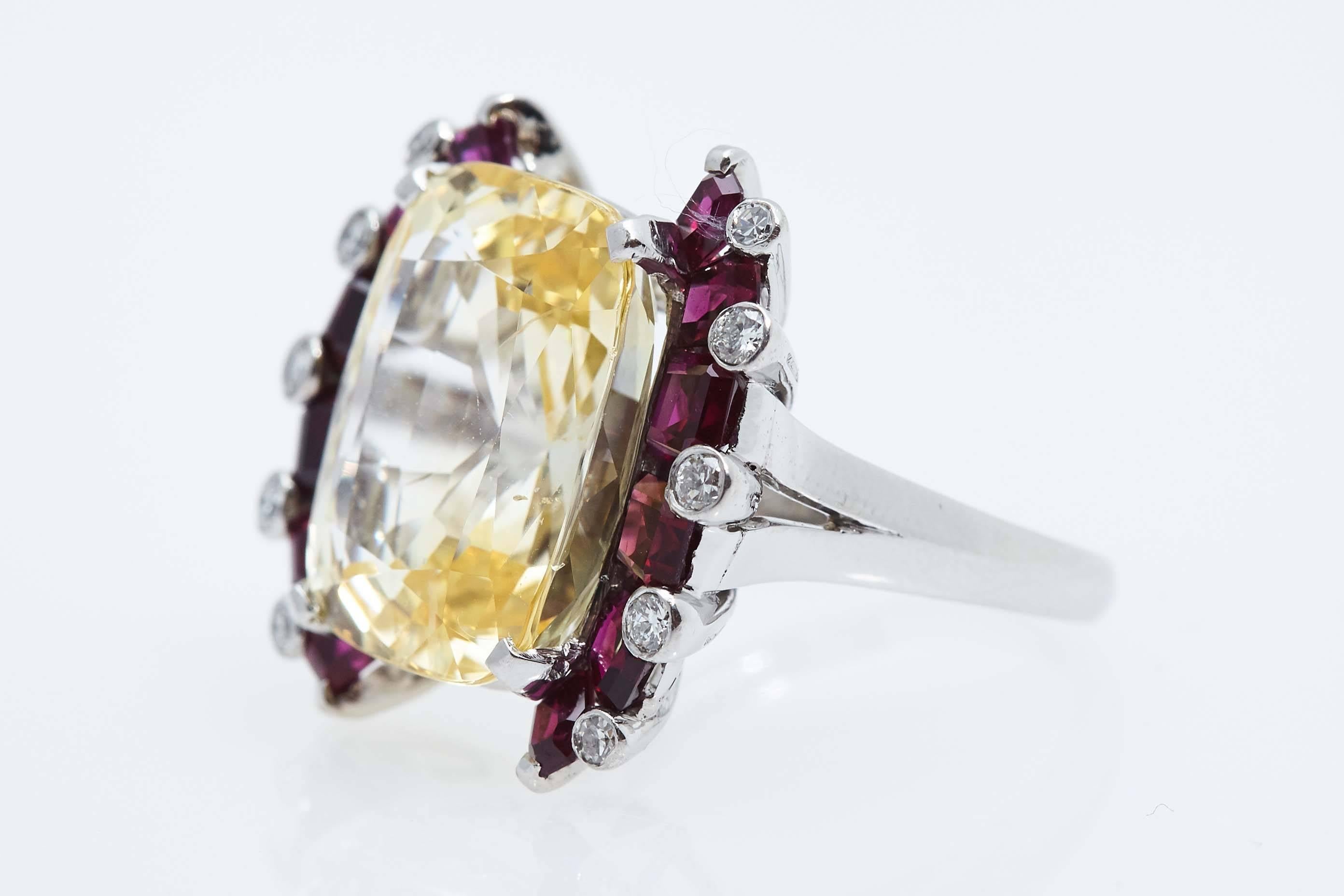 Oscar Heyman Natural Yellow Cushion Shaped Sapphire Ruby Diamond Platinum Ring In Good Condition For Sale In New York, NY