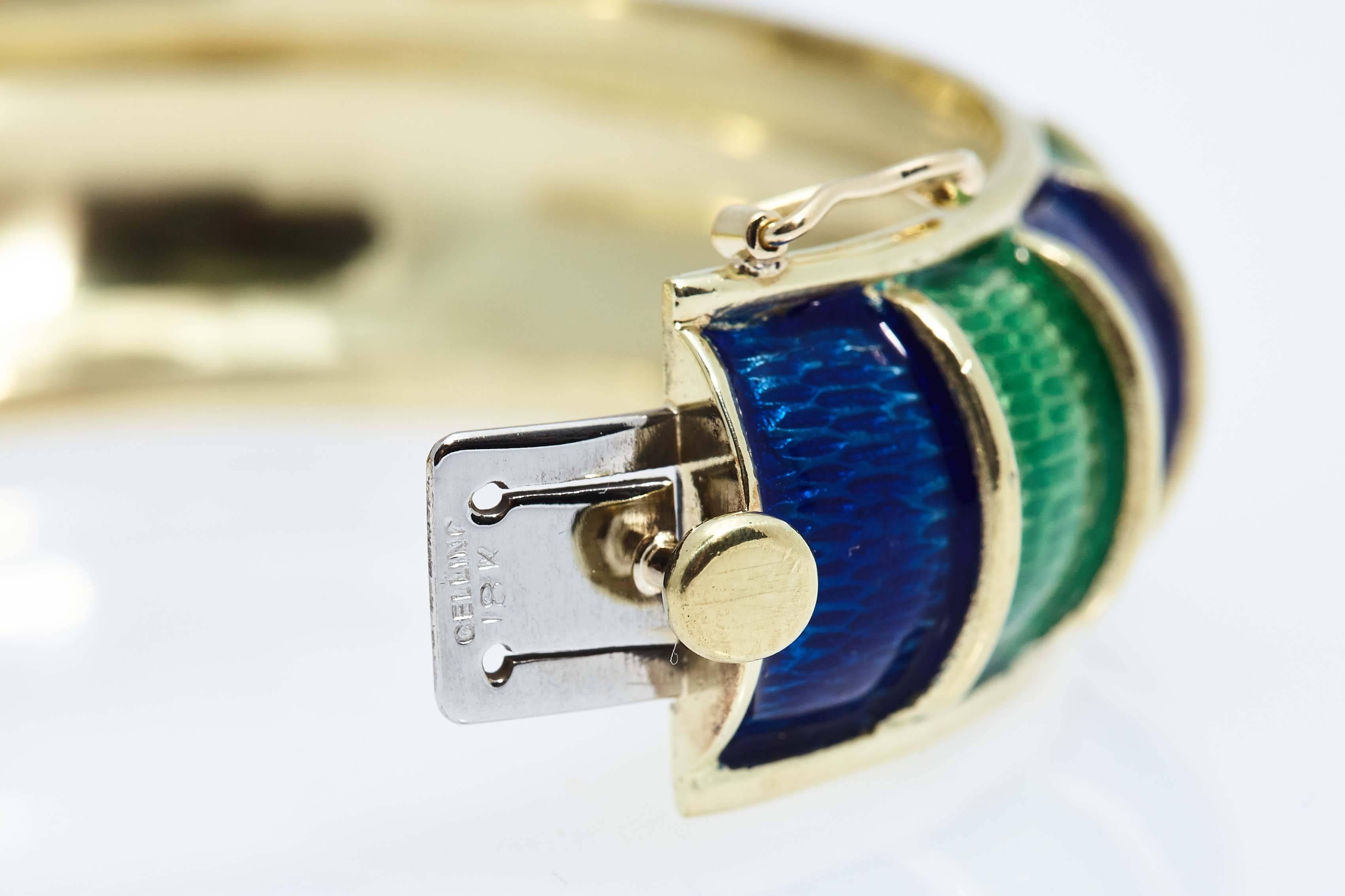 Cellino Blue and Green Enamel Gold Bangle Bracelet In Good Condition For Sale In New York, NY
