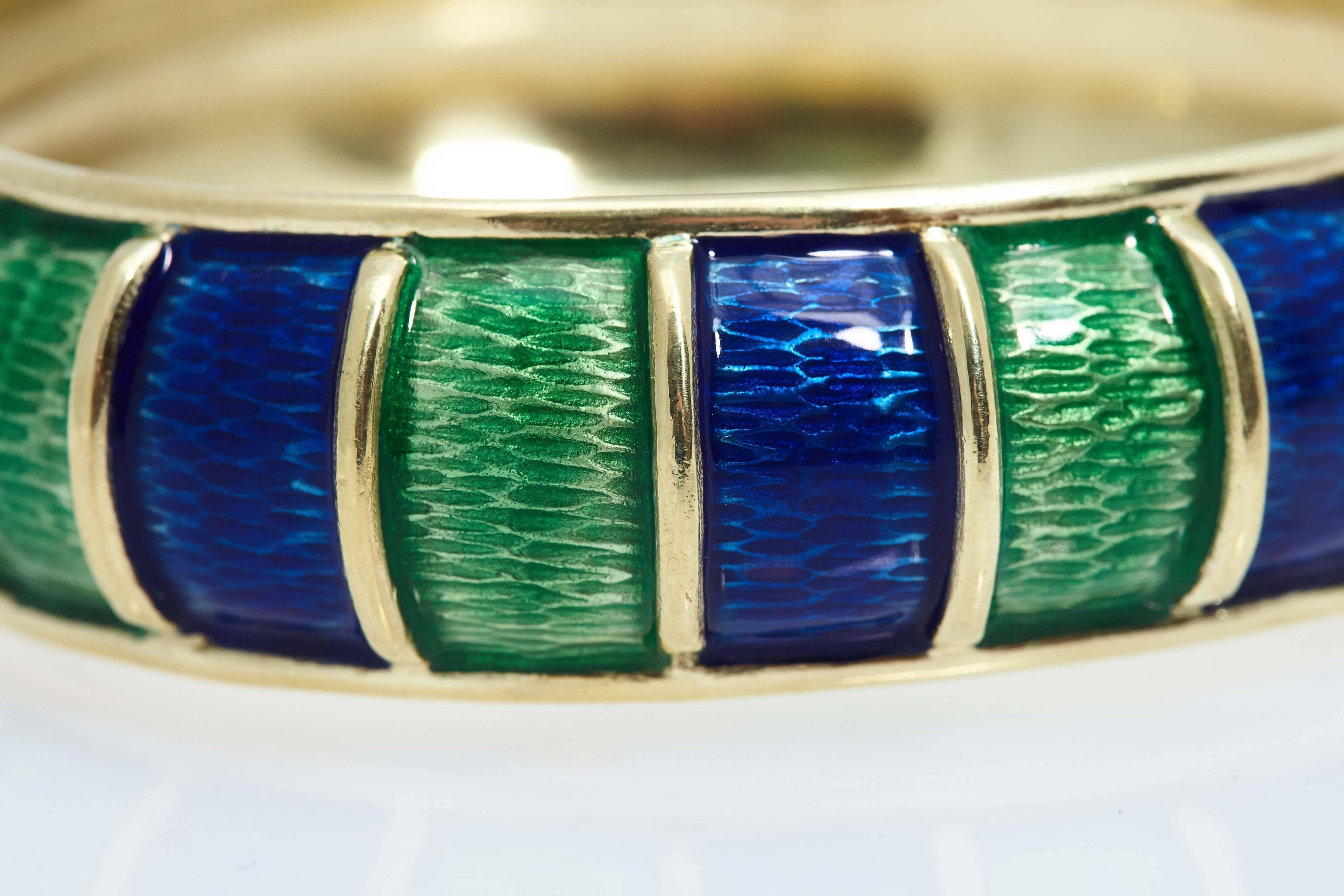 Modern Cellino Blue and Green Enamel Gold Bangle Bracelet For Sale