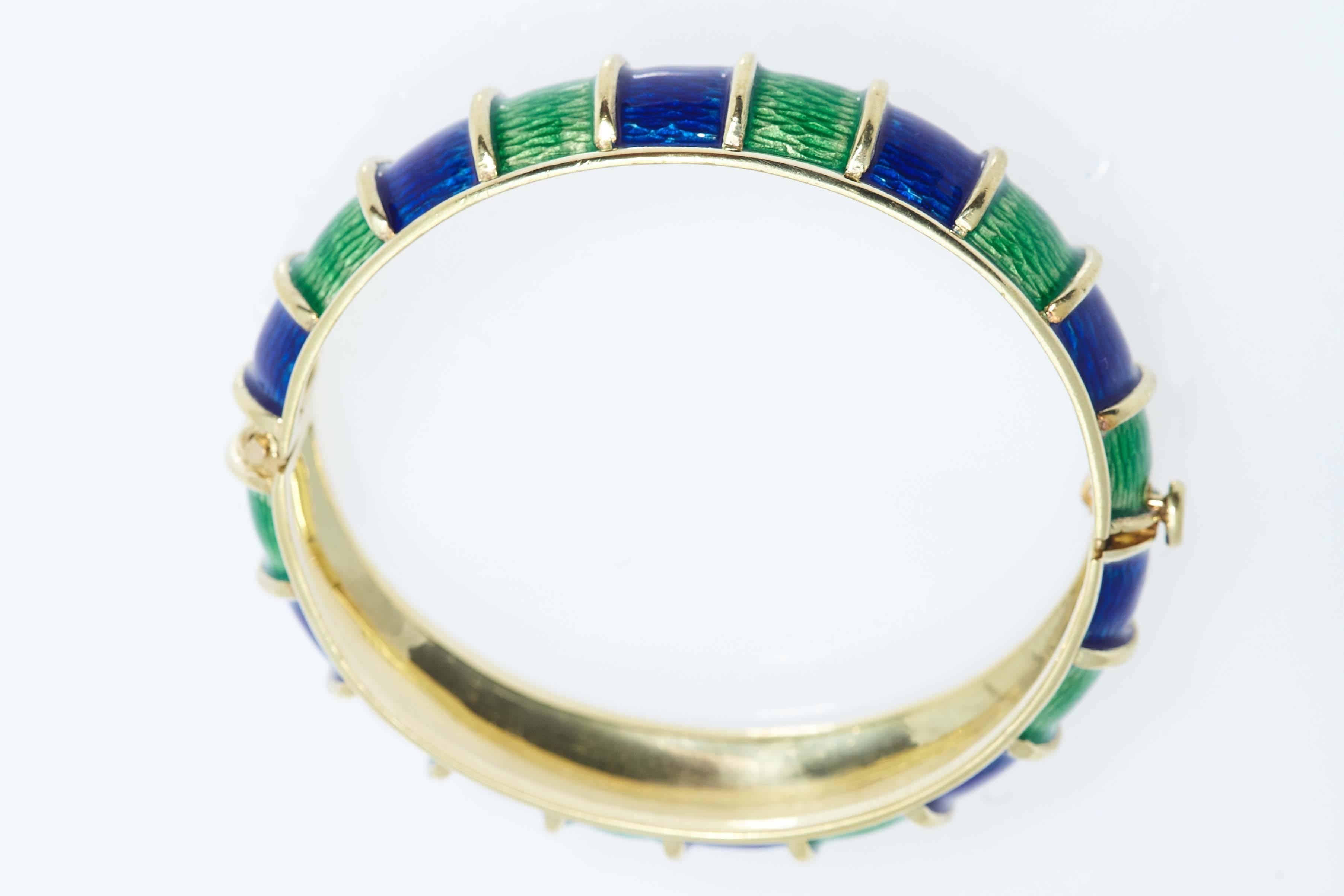 Women's Cellino Blue and Green Enamel Gold Bangle Bracelet For Sale