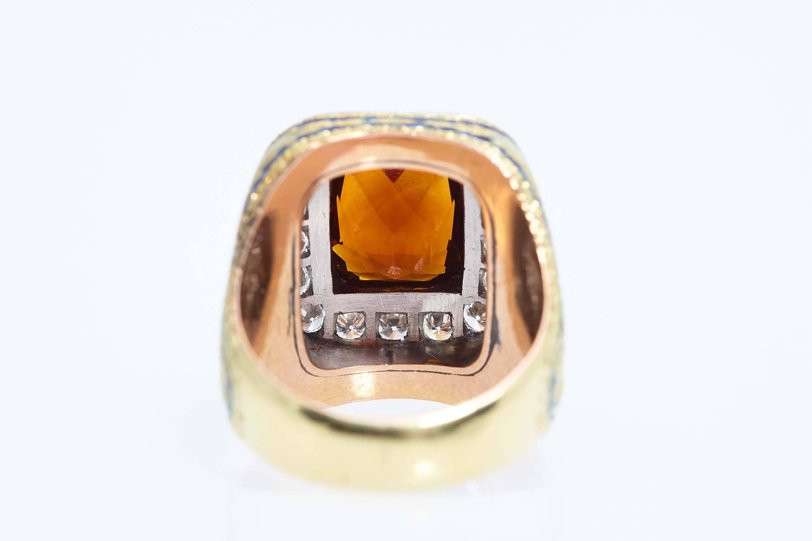 Contemporary Cazzaniga Multi-Color Enamel Citrine Diamond Gold Ring For Sale