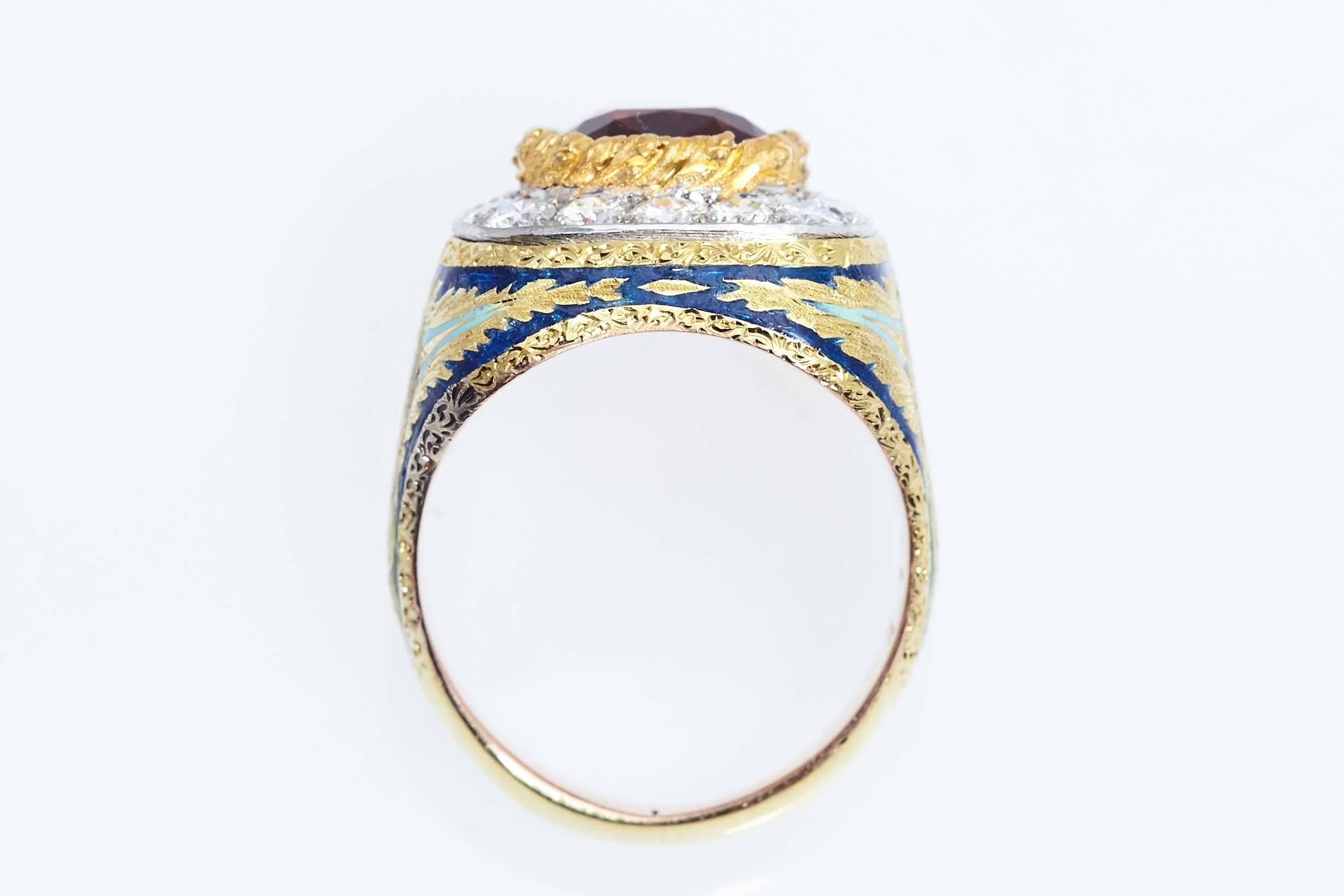 Women's Cazzaniga Multi-Color Enamel Citrine Diamond Gold Ring For Sale