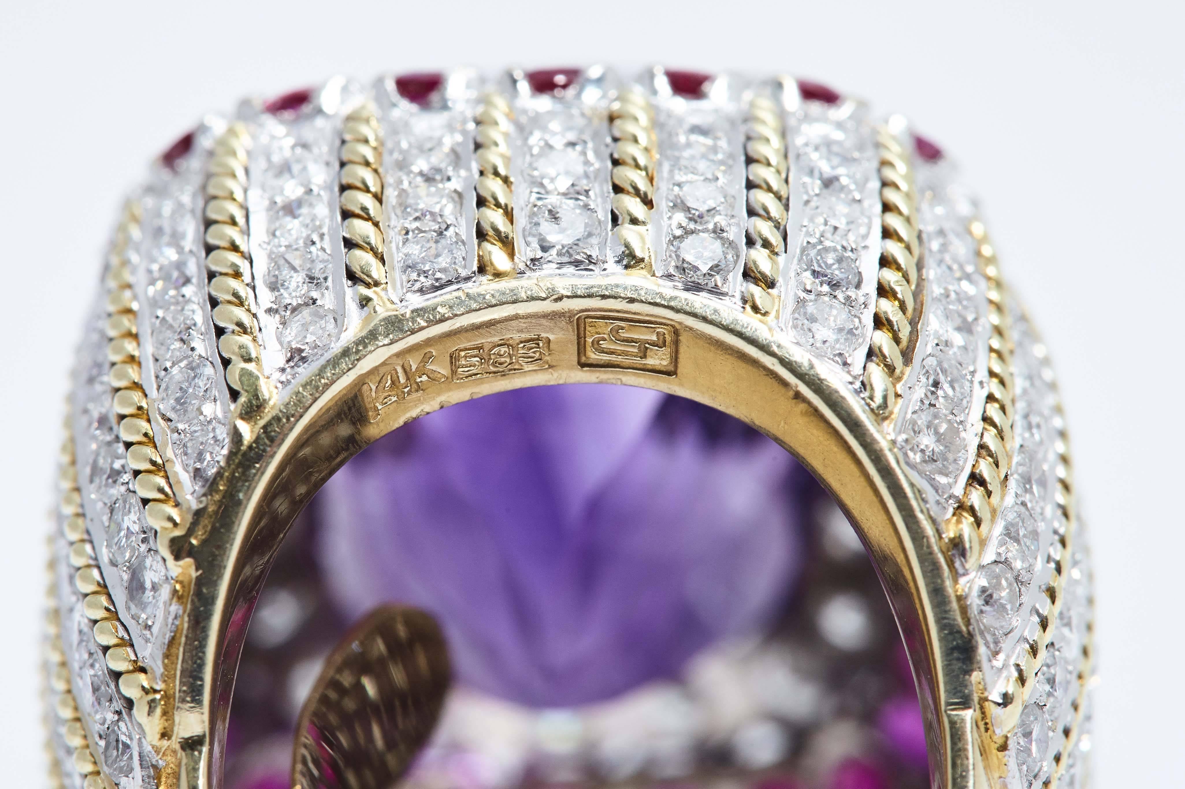 Modern Amethyst Ruby Diamond Gold Ring For Sale
