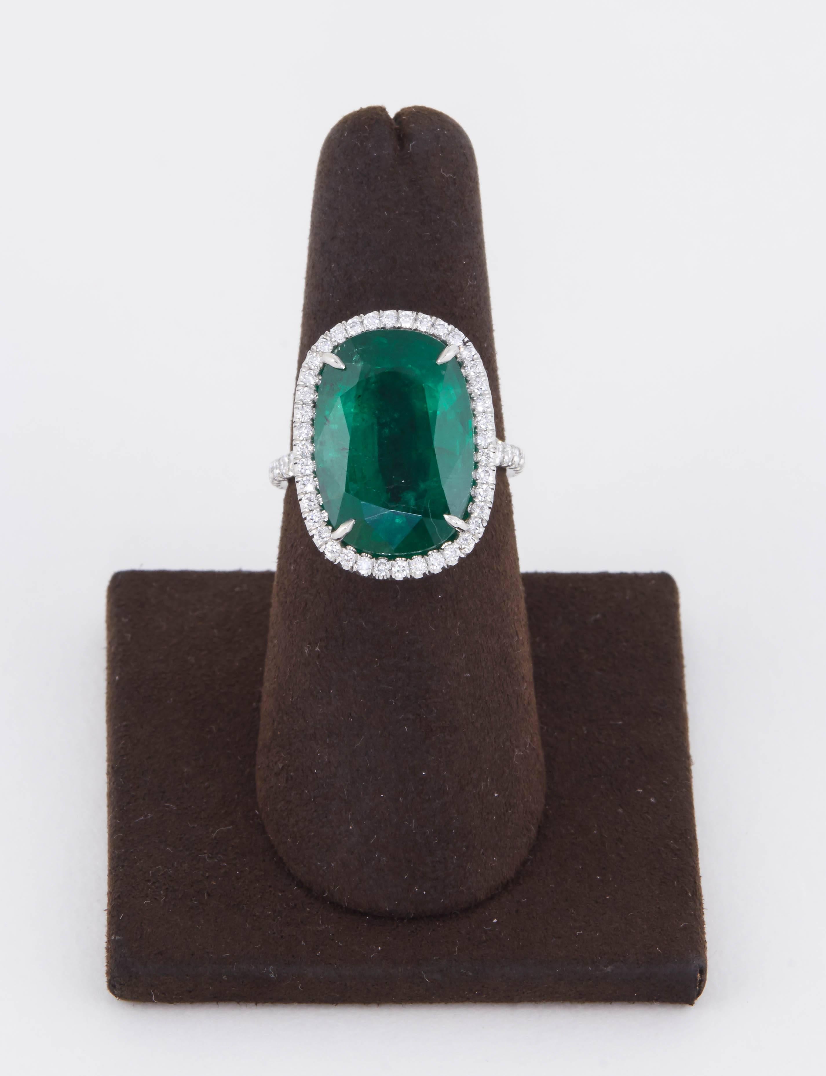 
An AMAZING Emerald Ring!!

11.86 carat cushion cut green emerald with vibrant color set in a custom made diamond mounting featuring 1.01 carats of round brilliant cut diamonds. 

This ring is currently a size 6 but can easily be resized to any
