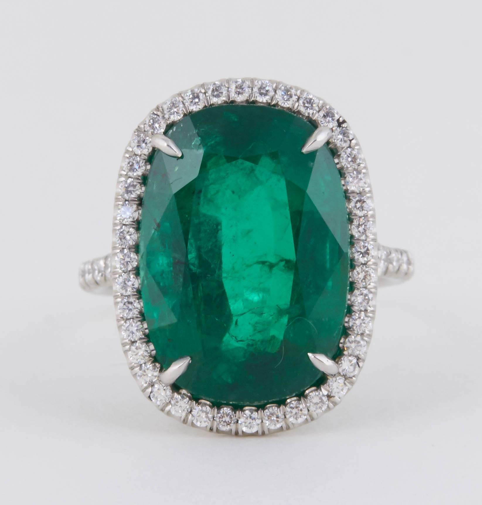 Women's Fabulous Cushion Cut GIA Certified Green Emerald Platinum Ring