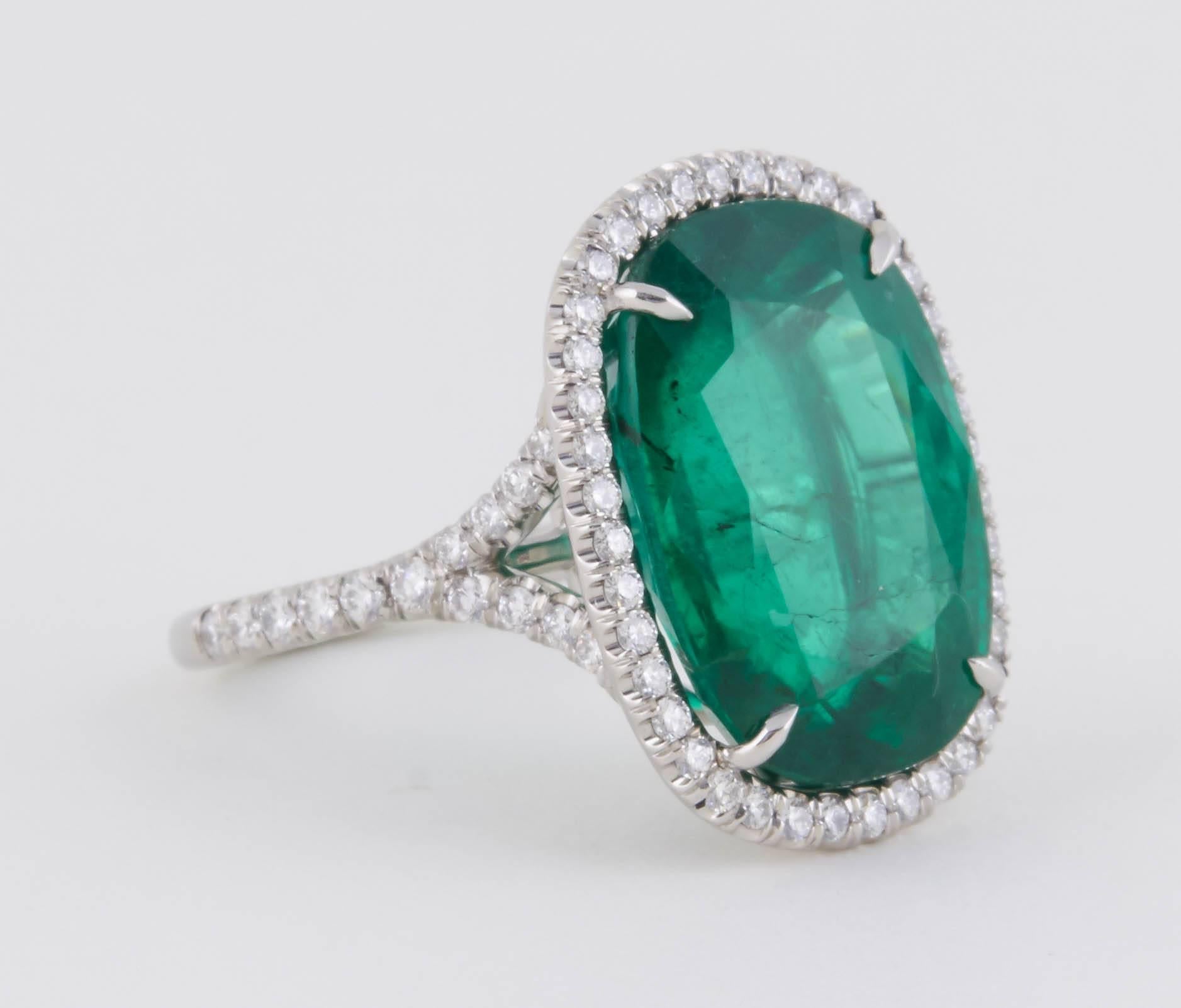 Fabulous Cushion Cut GIA Certified Green Emerald Platinum Ring 1