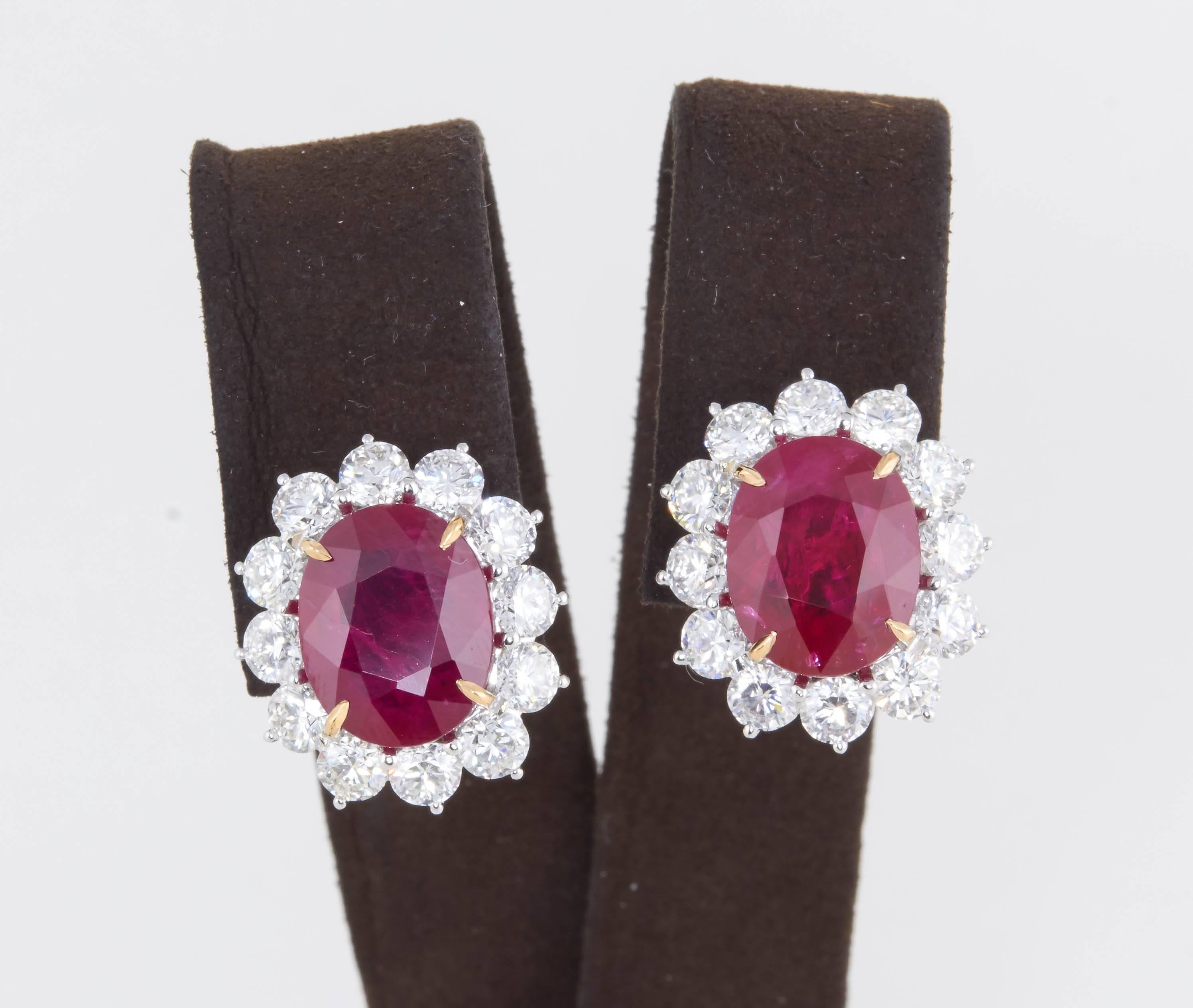 

An elegant and timeless pair of important Ruby and Diamond earrings.

15.10 carats of natural Ruby -- only heat treatment is present.

5.65 of F color VS clarity round brilliant cut diamonds.

18k white gold 

Approximately .78 inches in