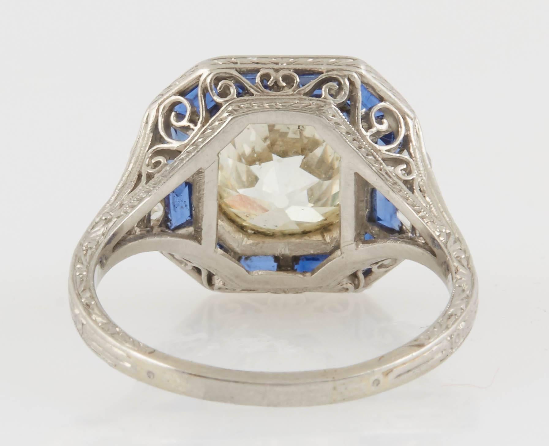 Women's Art Deco Diamond Sapphire Engagement Ring