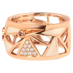 Anello a sigaro in oro rosa 14K con 1/3 di diamante e tormalina rosa e smalto bianco