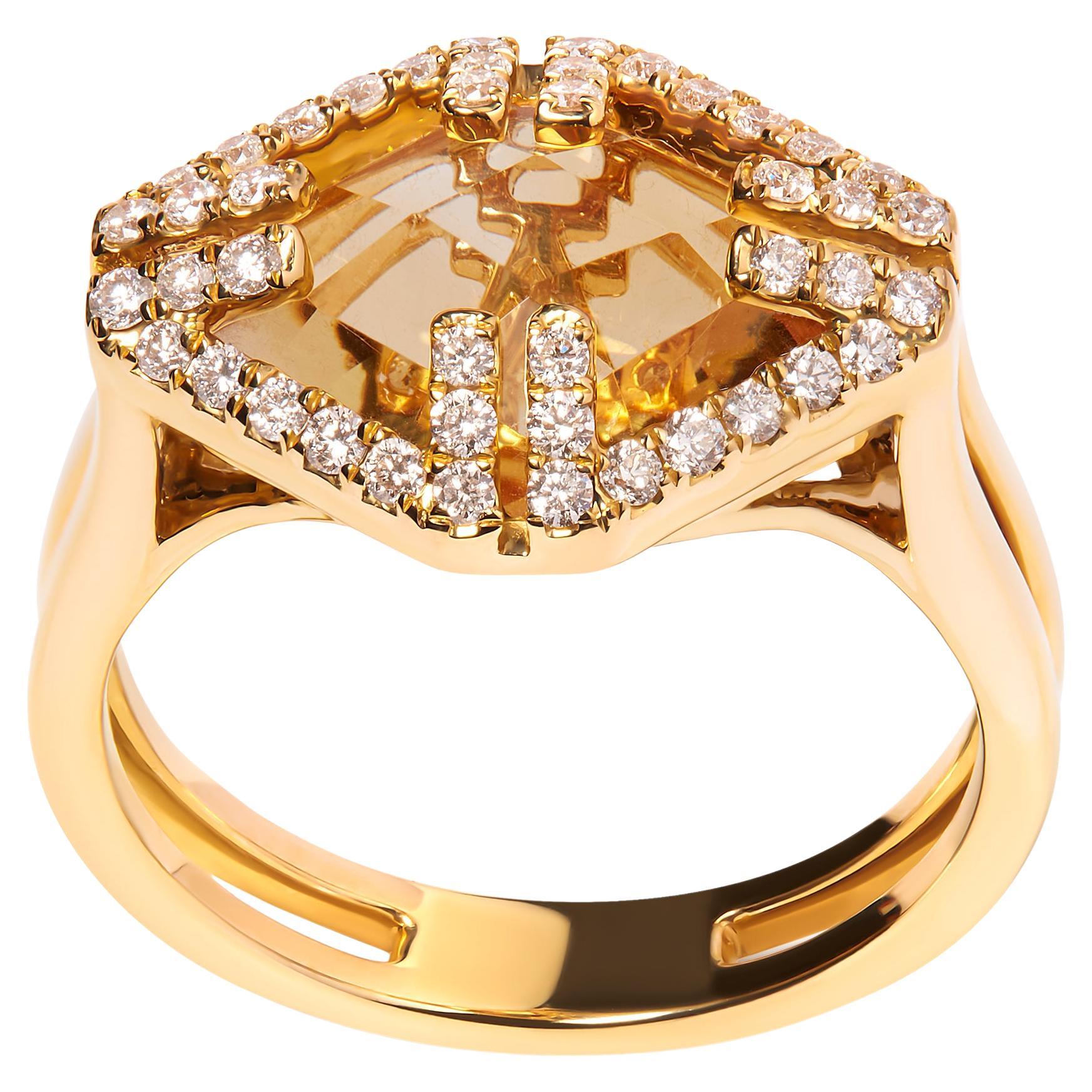 14 Karat Gelbgold Gelber Citrin und 1/3 Karattw Diamant Halo Cocktail-Ring