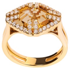 14 Karat Gelbgold Gelber Citrin und 1/3 Karattw Diamant Halo Cocktail-Ring