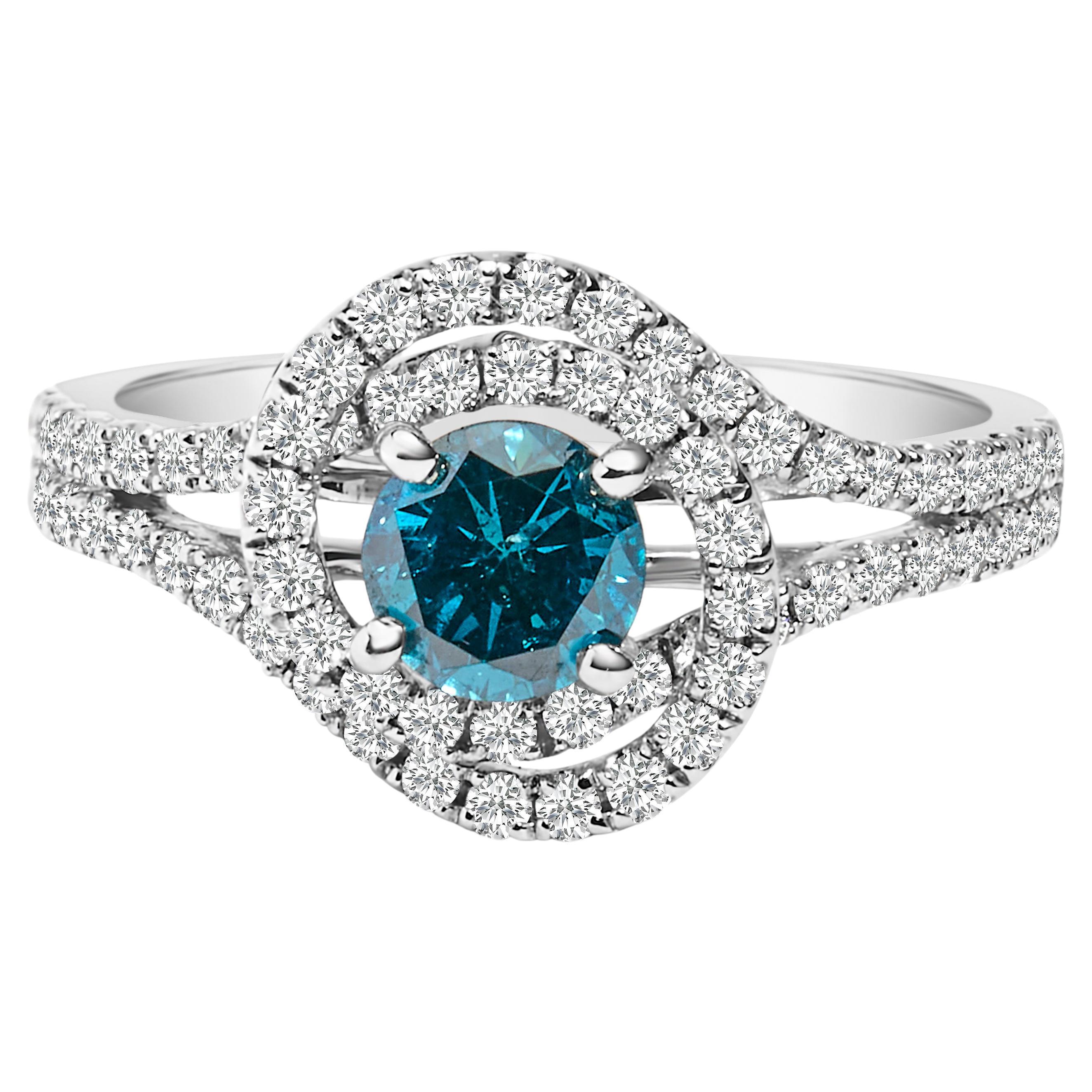 14K White Gold 1-1/3ct White & Blue Diamond Interweaving Halo Cocktail Ring