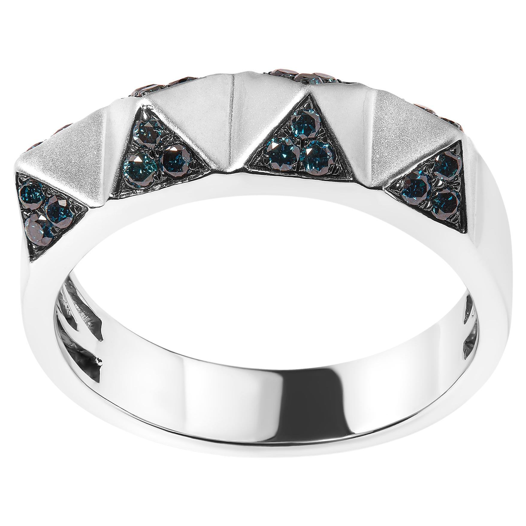 14K White Gold 1/4 Cttw Treated Blue Diamond Pyramid Band Ring