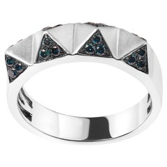 14K White Gold 1/4 Cttw Treated Blue Diamond Pyramid Band Ring