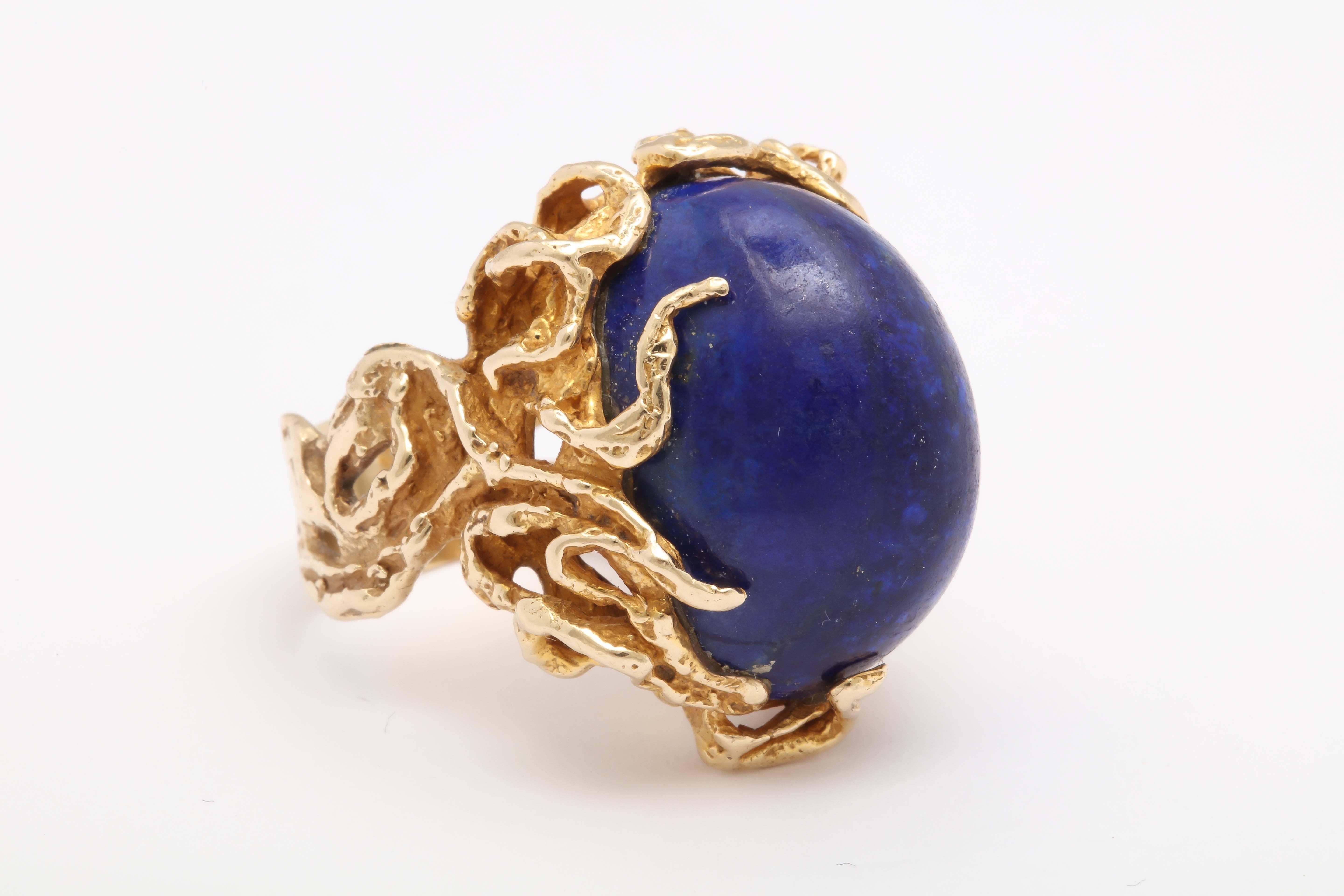 Oversize Oval Lapis Yellow Gold Ring in Naturalistic Branch Setting 2