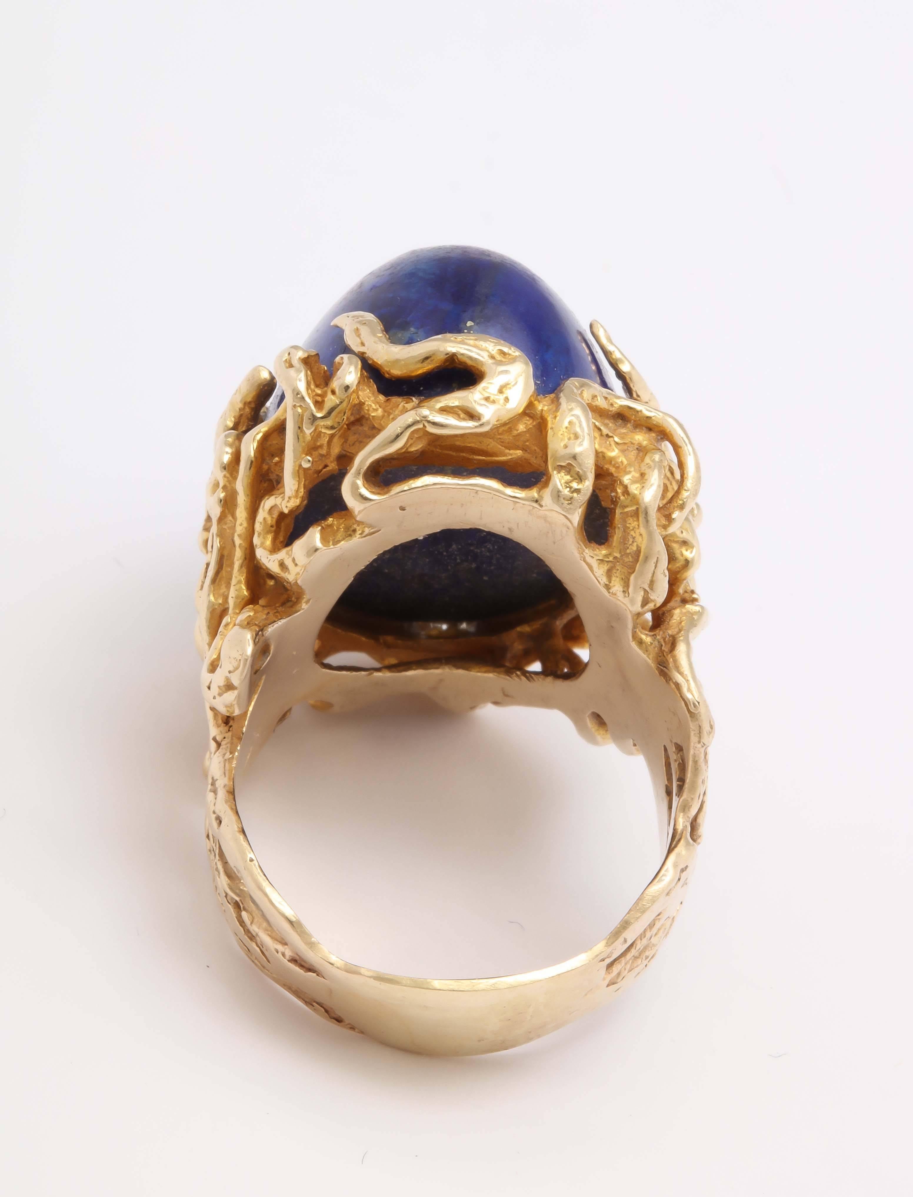 Oversize Oval Lapis Yellow Gold Ring in Naturalistic Branch Setting 4