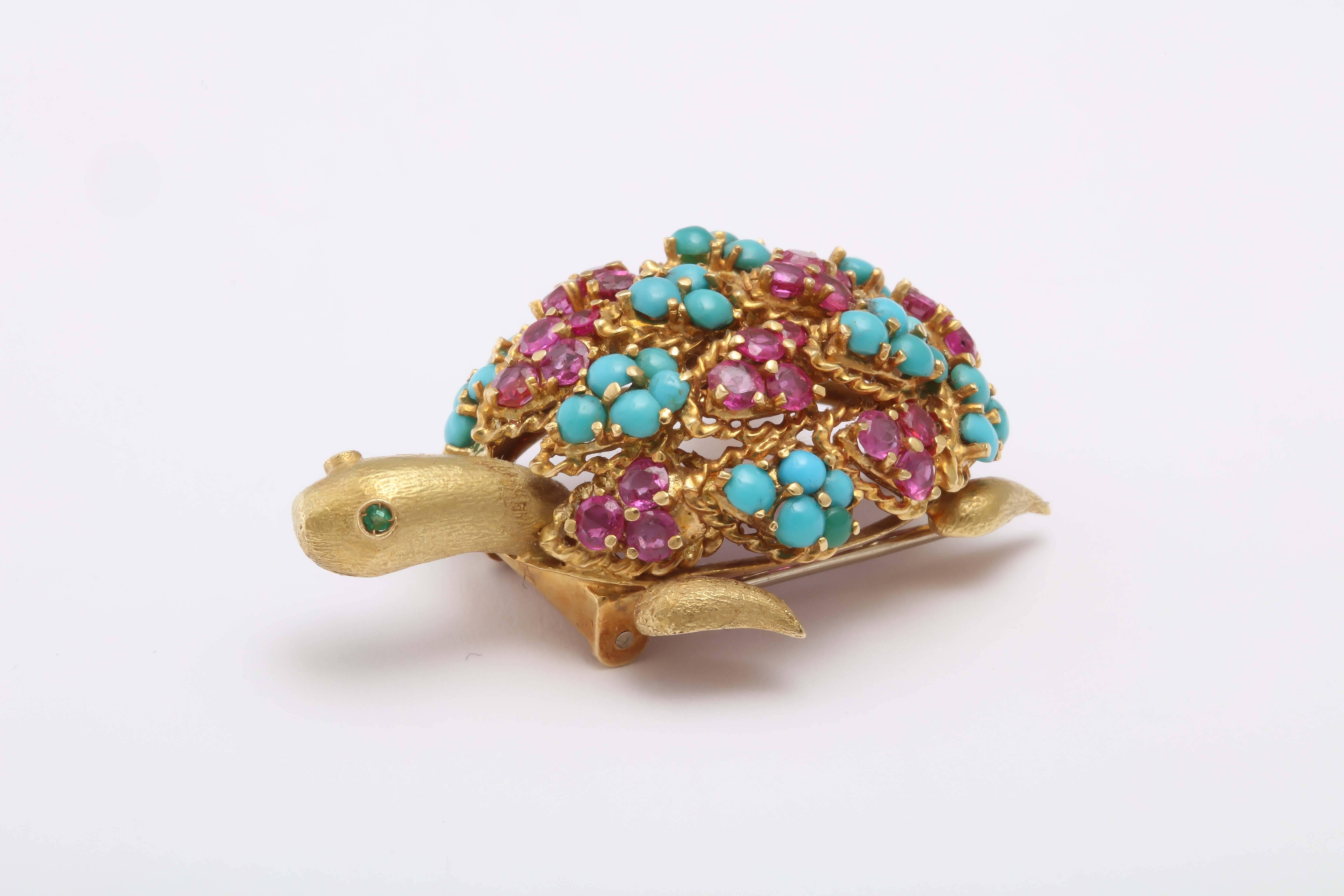 Whimsical Jewel Backed Turtle Brooch In Excellent Condition In New York, NY