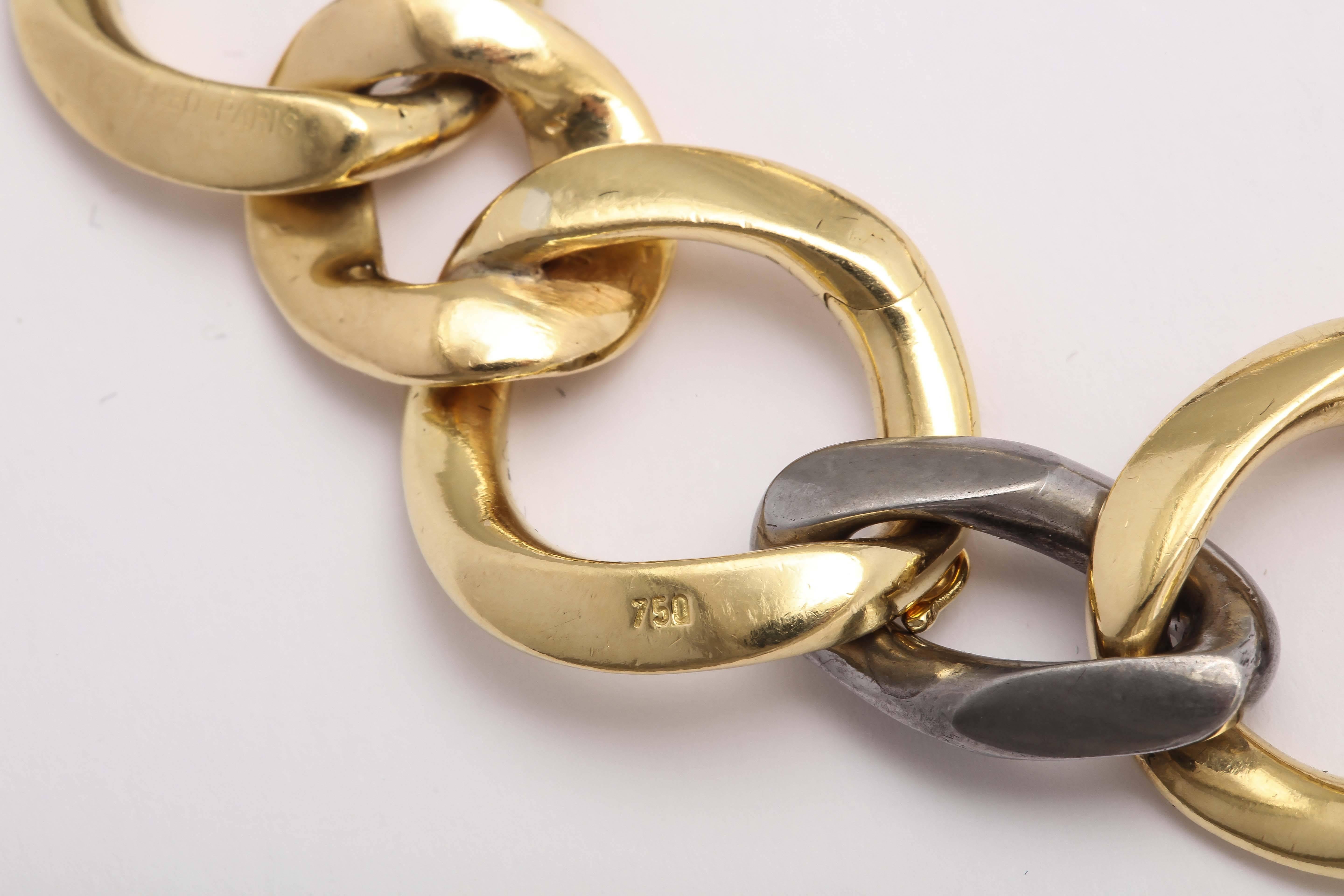 Contemporary Fred Paris Gold and Gun Metal Oval Link Bracelet