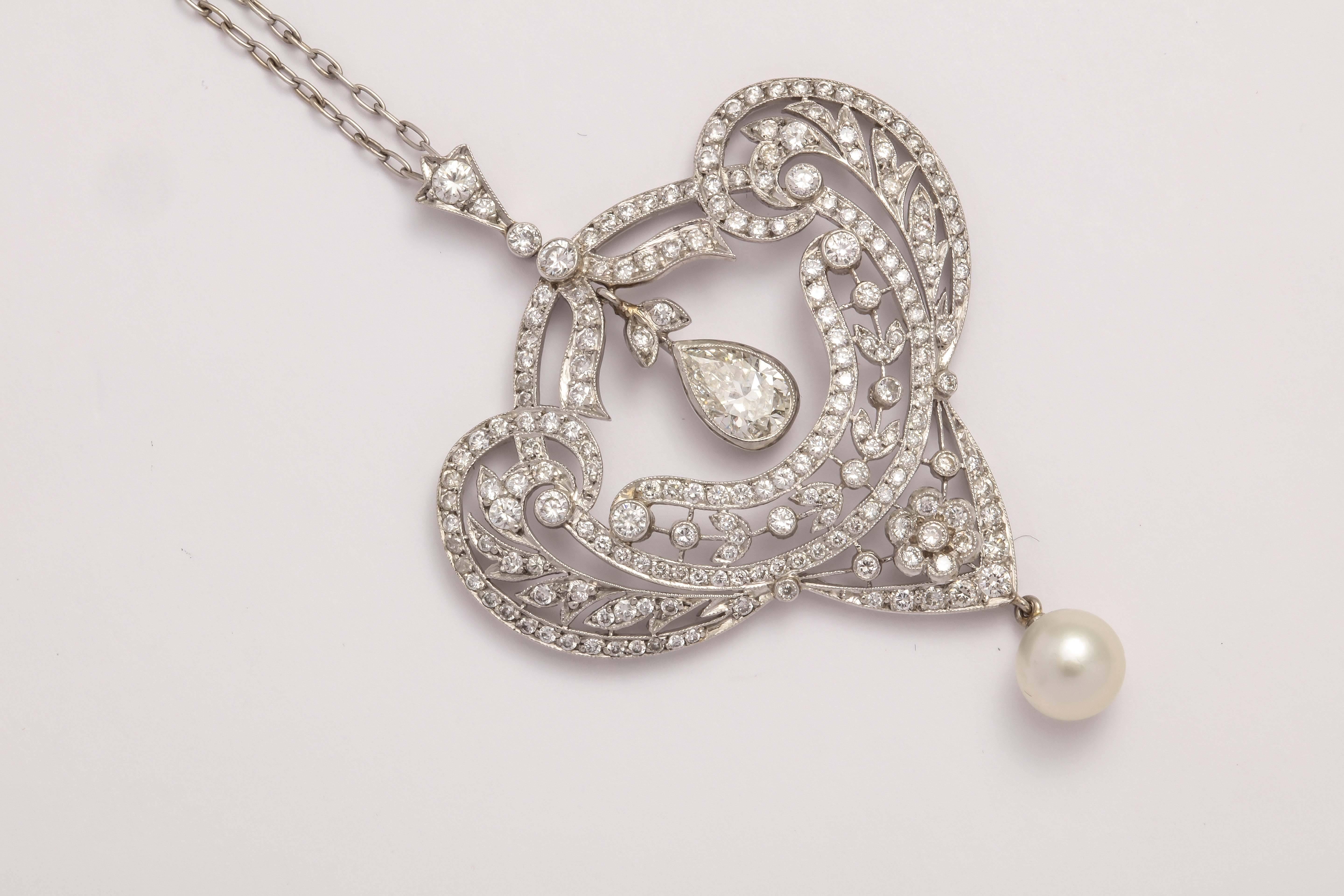 Edwardian Pearl Diamond Pendant on Chain In Excellent Condition In New York, NY