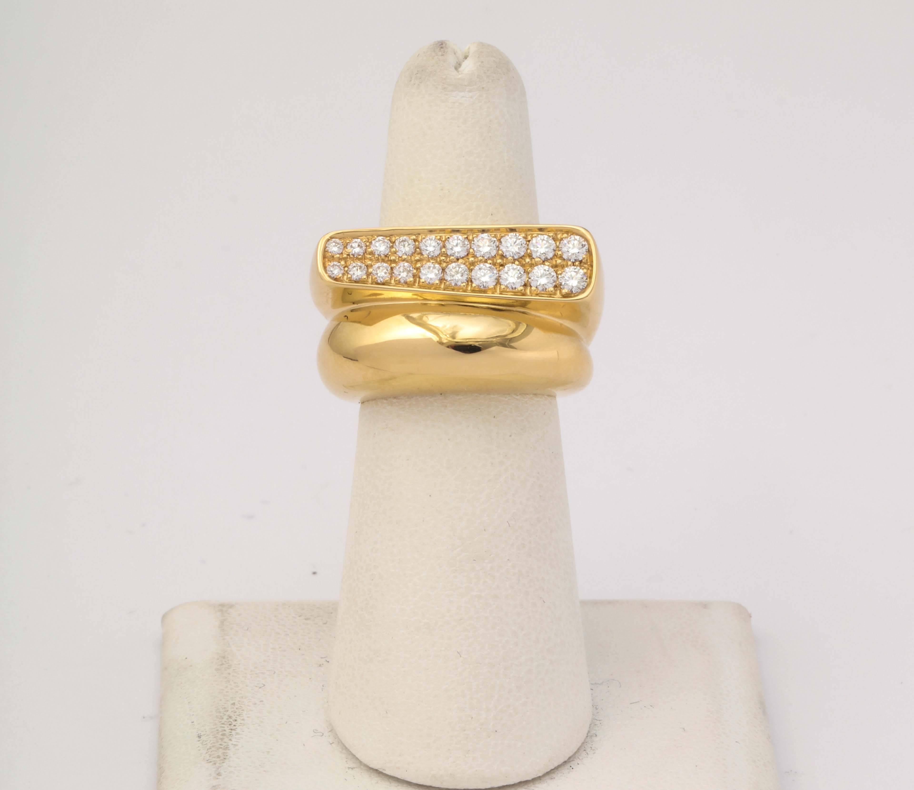 1990s Fred Paris Two Tier Chic Diamond Gold Bypass Ring In Excellent Condition In New York, NY