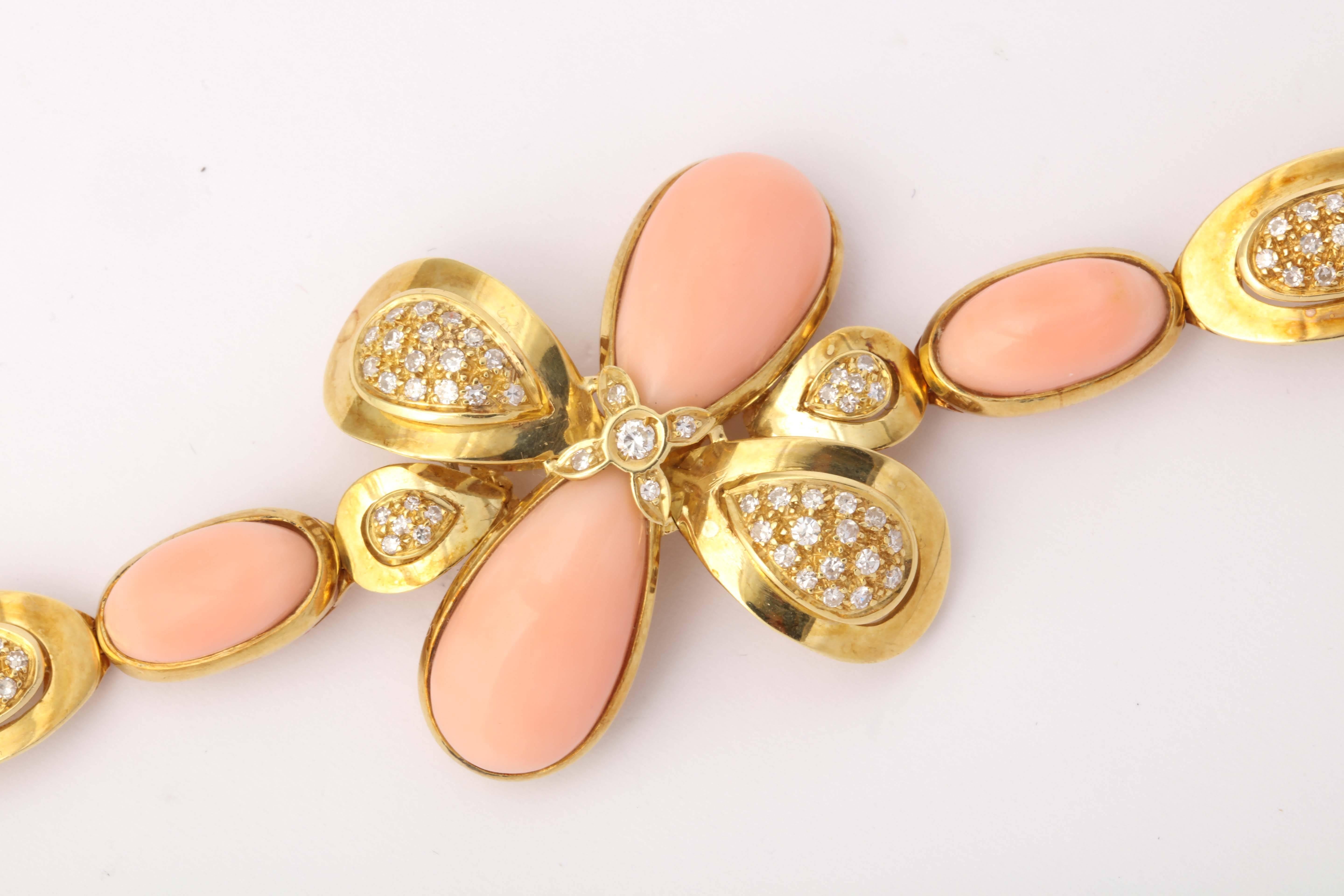 Women's 1960s Italian Angel Skin Coral Diamond Floret Gold Flexible Bracelet