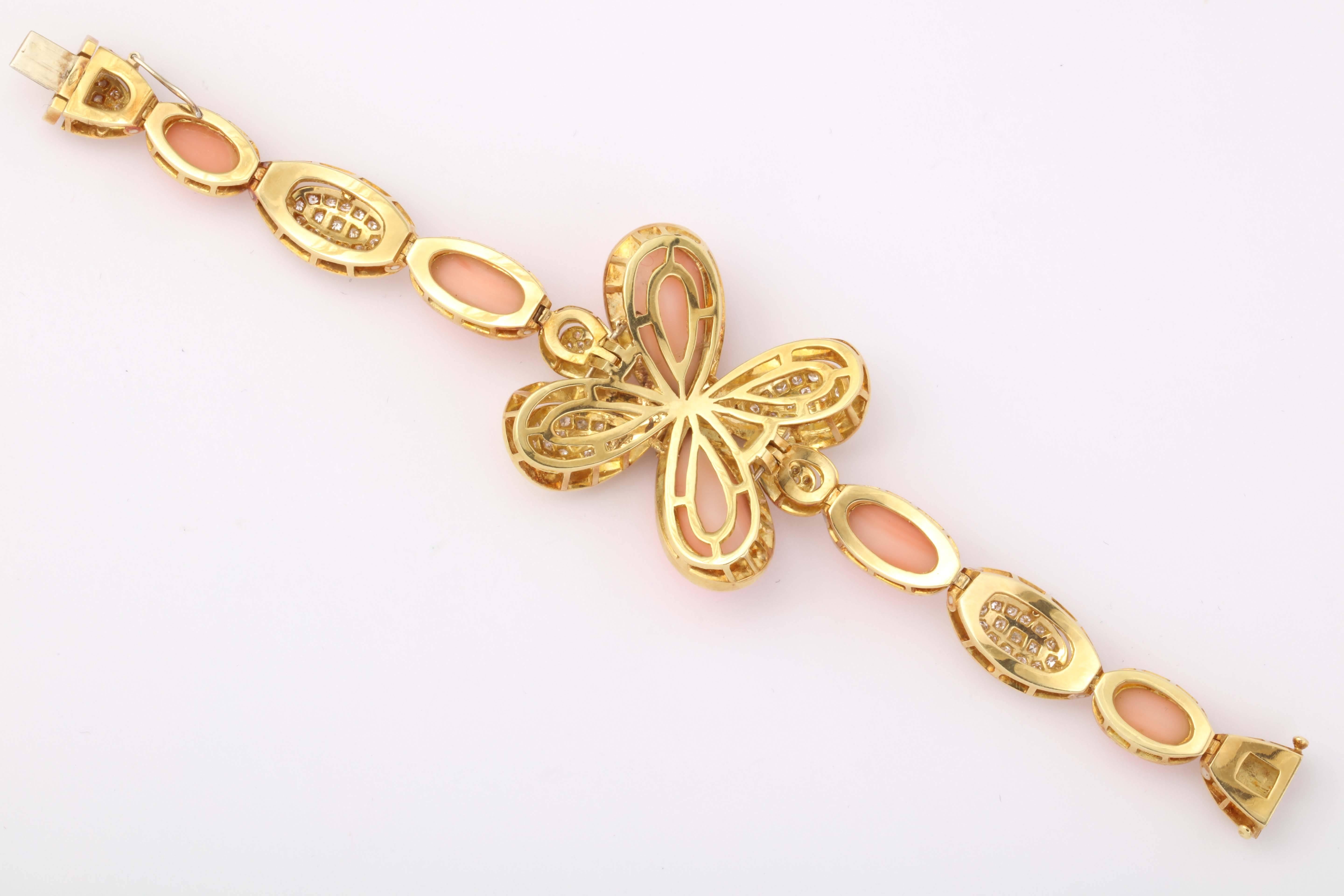 1960s Italian Angel Skin Coral Diamond Floret Gold Flexible Bracelet 2
