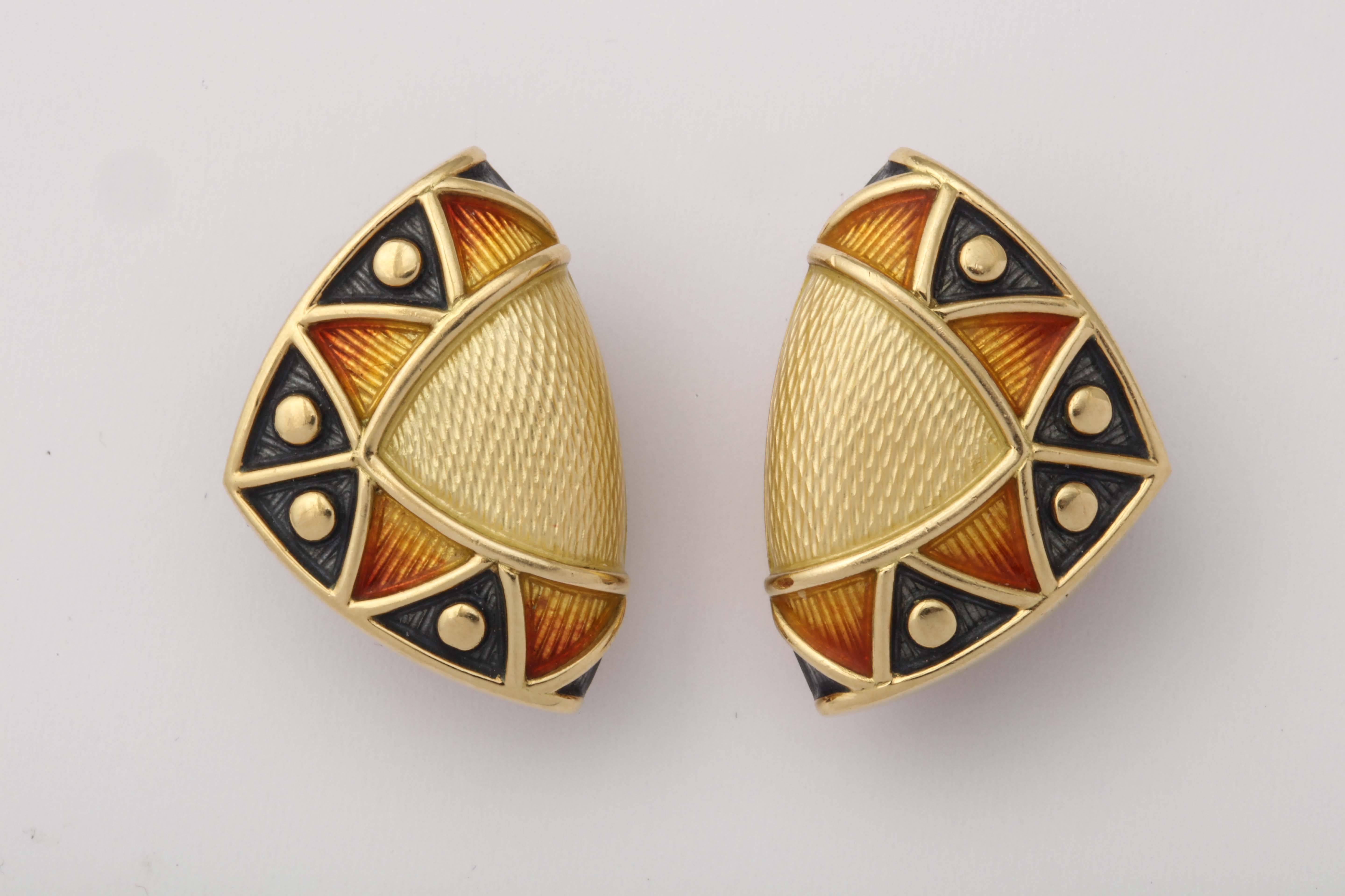 One Pair Of Ladies Amber Color With Yellow Guilloche Enamel Shield Shape Earclips Designed With 18kt Yellow Gold Pellets Thruout Design Of The Earrings. Featuring High Quality Clip-On Backs. NOTE: Posts May Be Added For Pierced Ears. Created By De