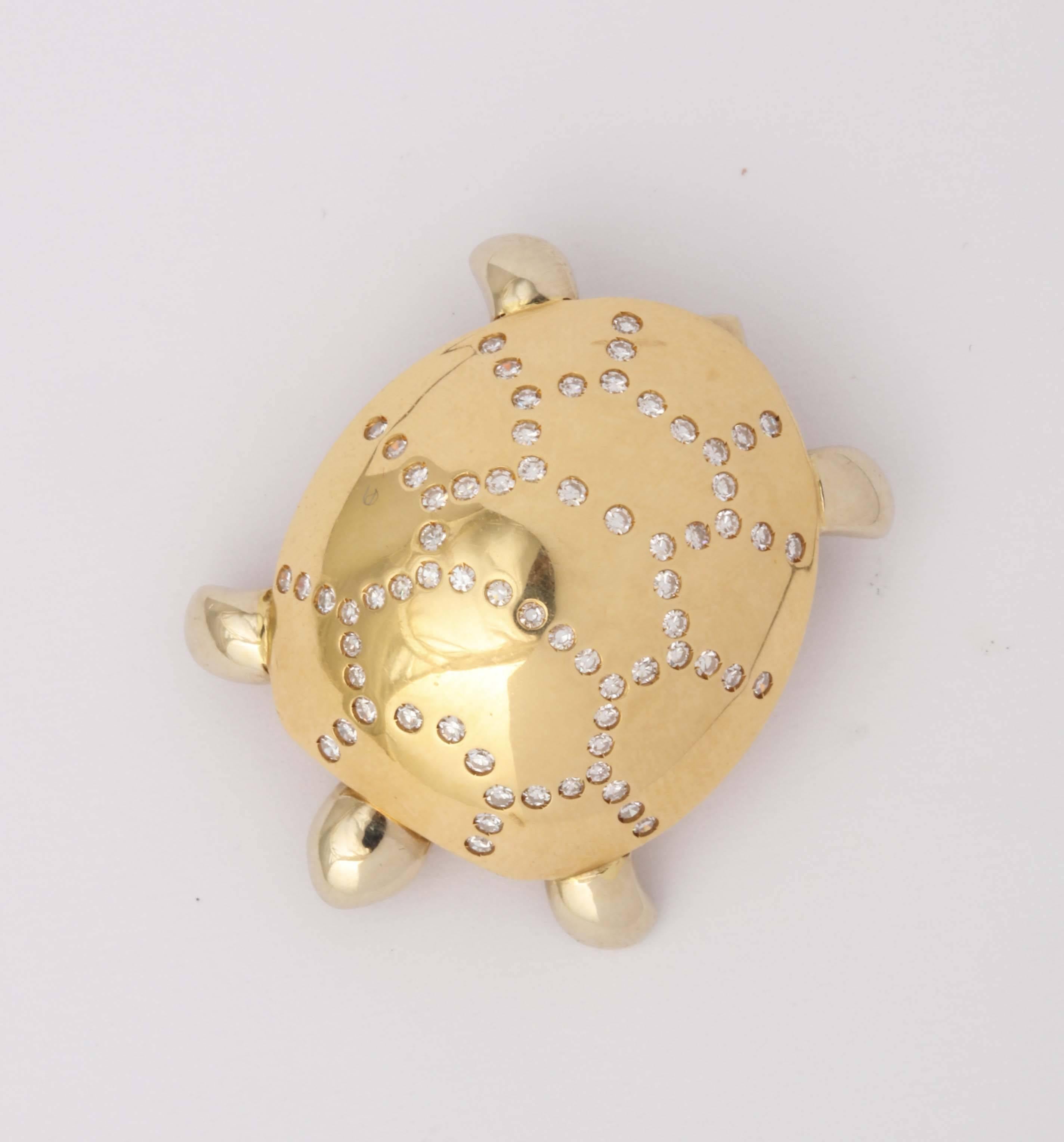 18kt Yellow Gold Figural Turtle Brooch Embellished with Approximately 1.50 Carats Of High Quality Full Cut Diamonds. Made  In The 1990;s By GioCaroli Jewelers.
