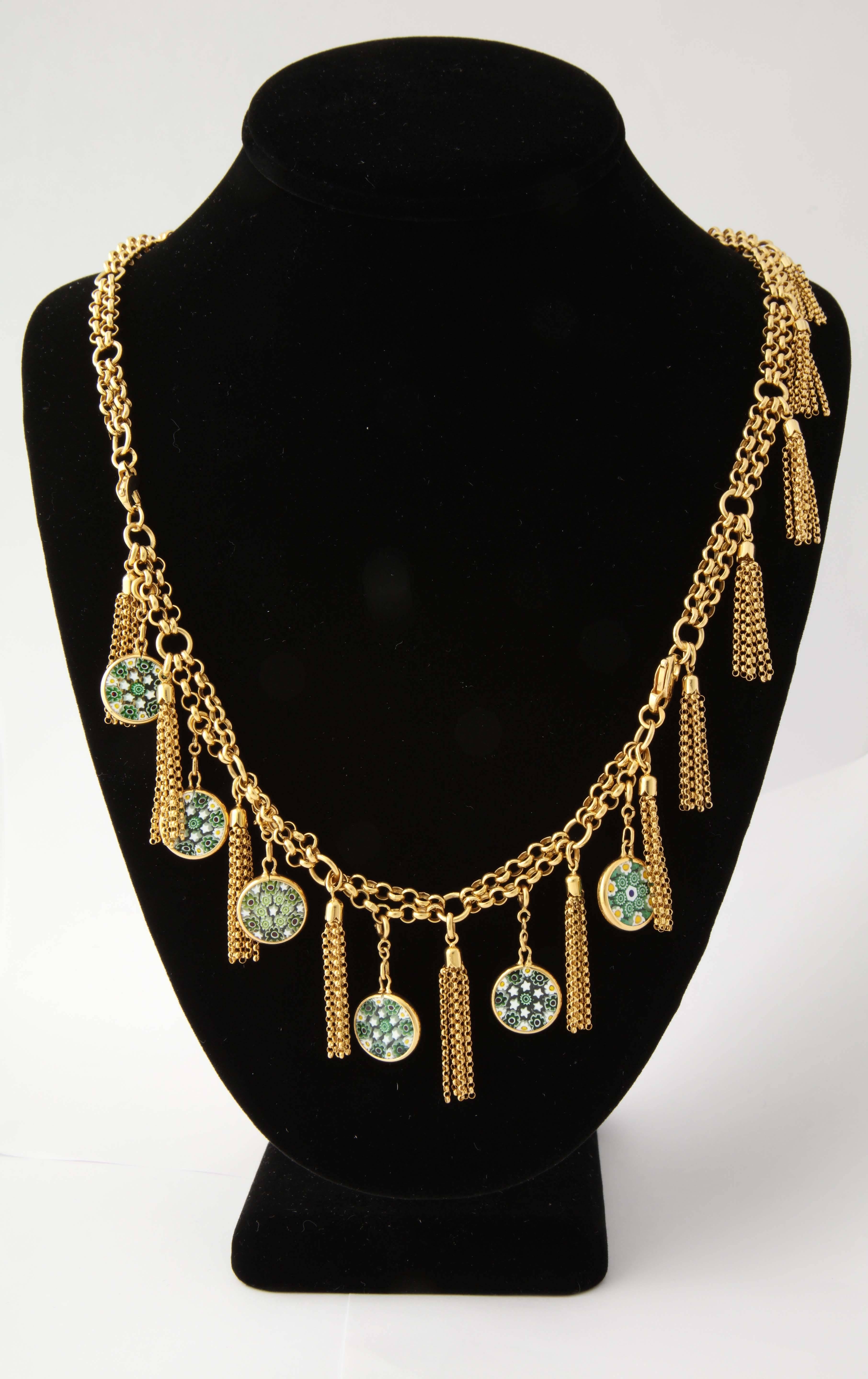 14kt Yellow Gold  Open Link Necklace With Bracelet Combination Suite Designed With Alternating 14kt Yellow Gold Tassel Pieces And With Alternating Green & White Daisy With Stars Murano Glass Circular Pendants. May Be Worn As One Long Necklace
