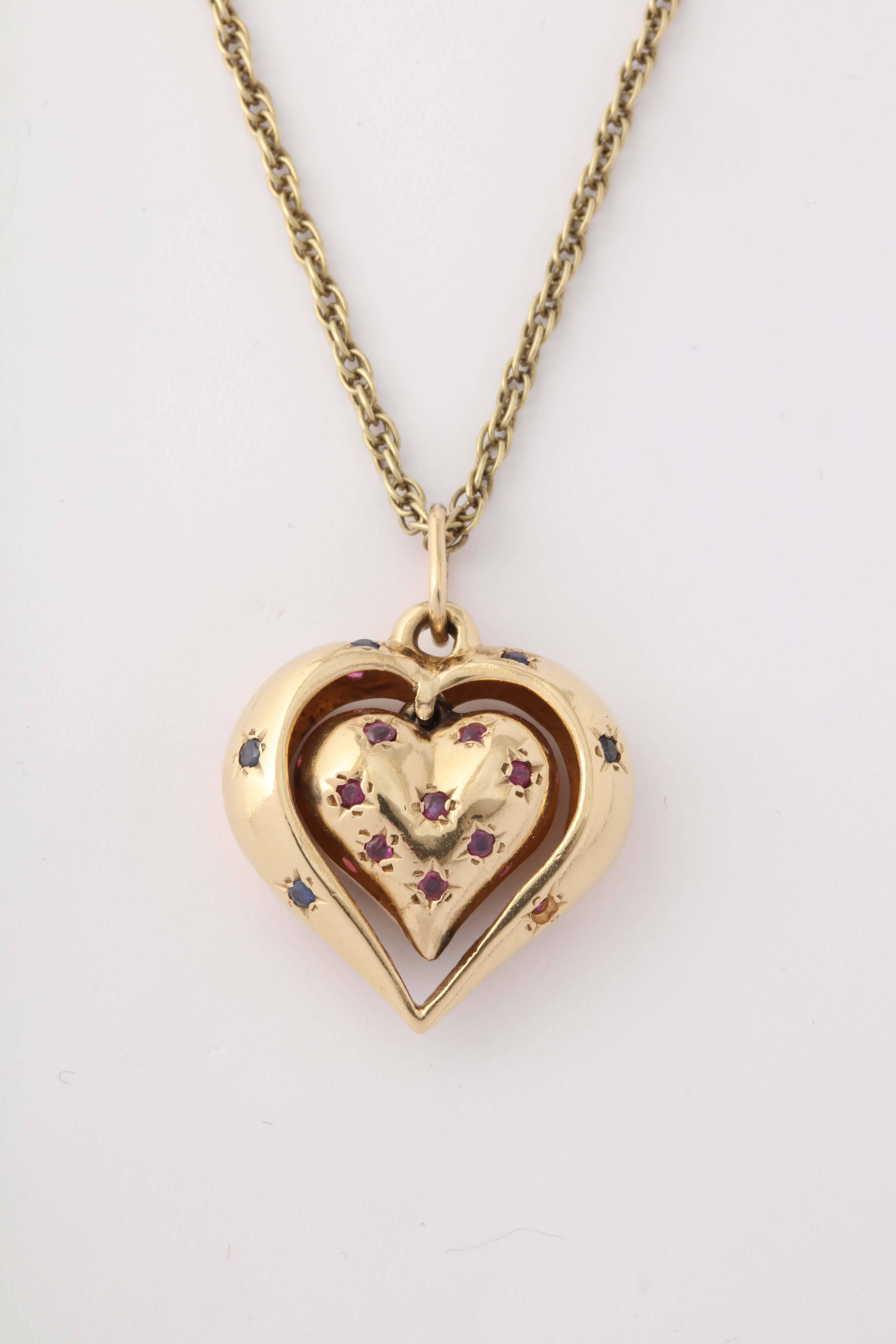 1940s Sapphire Ruby Diamond Reversible Heart Pendant With Gold Link Chain In Excellent Condition In New York, NY