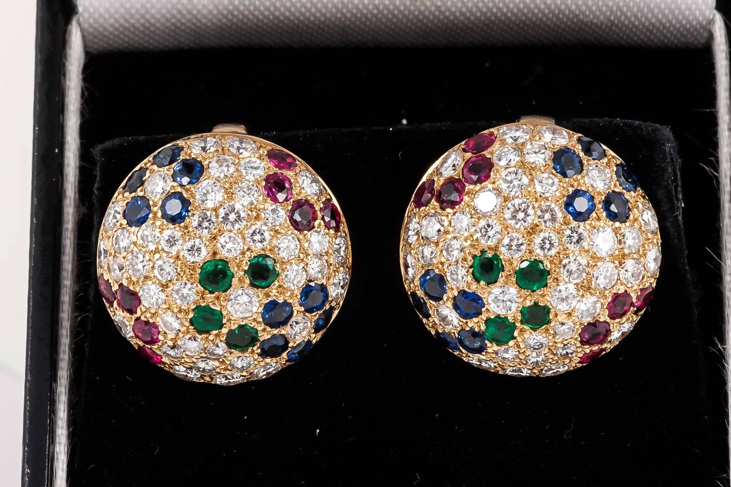 A fine quality pair of 18ct yellow gold mounted,bombe shaped earrings,set with bright coloured,rubies,emeralds,sapphires,and brilliant cut diamonds,c,1980;s.stamped 18kt and France