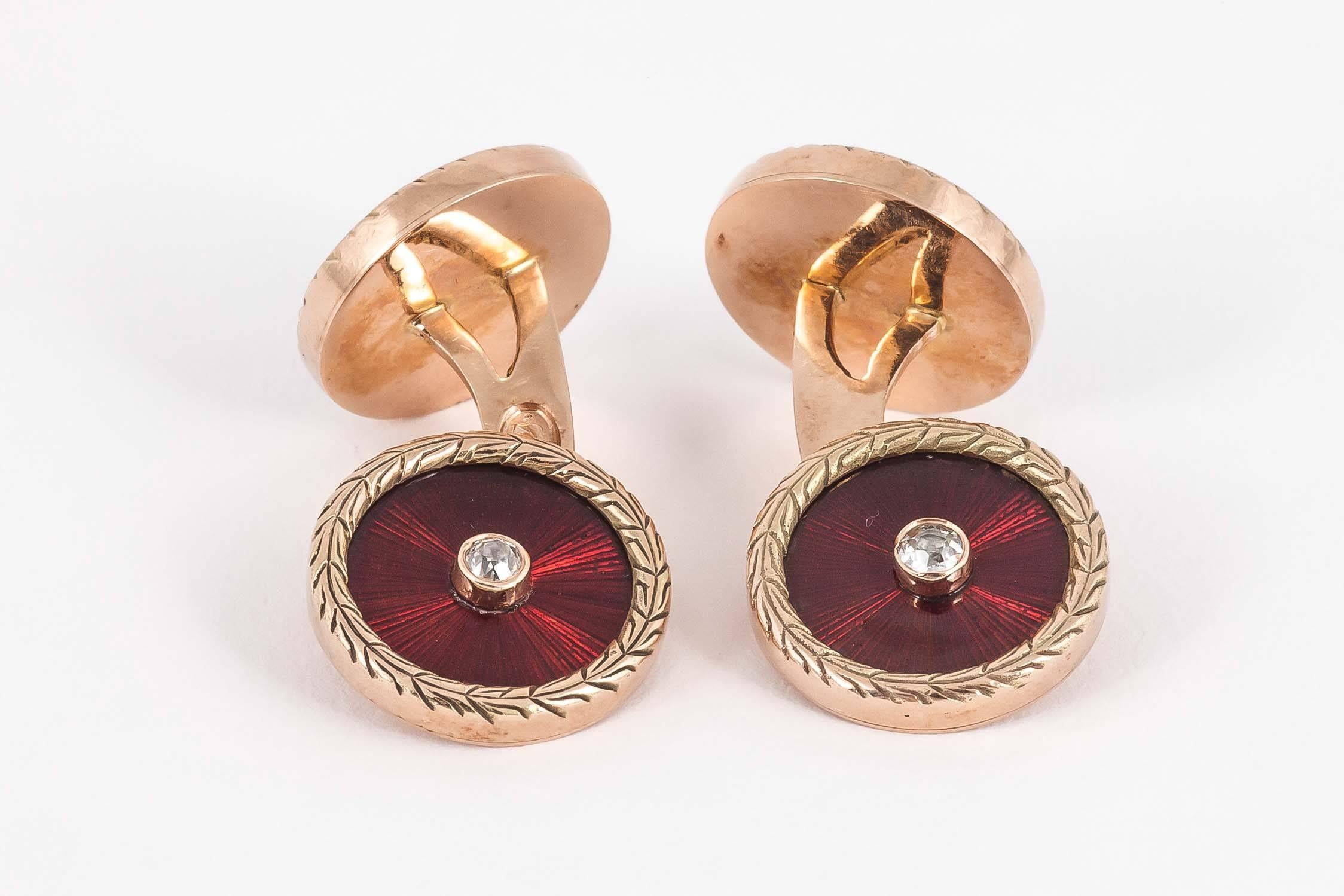 Women's or Men's Russian red enamel diamond gold cufflinks 