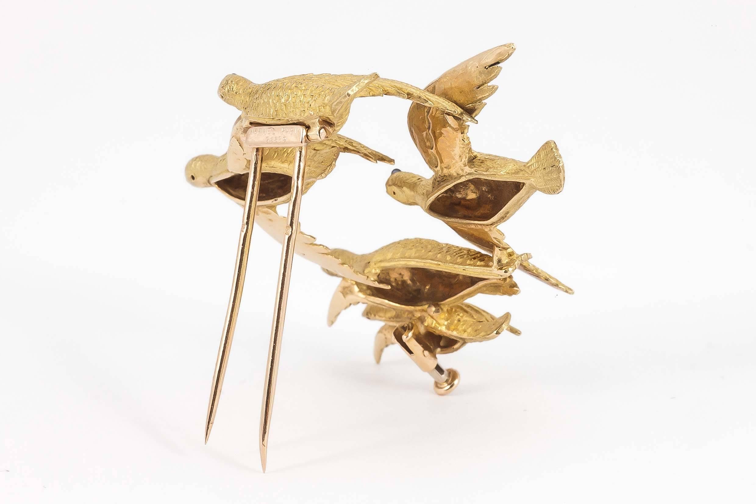 Edwardian 1950s Hermes  Paris Flock of Grouse Gold Pin