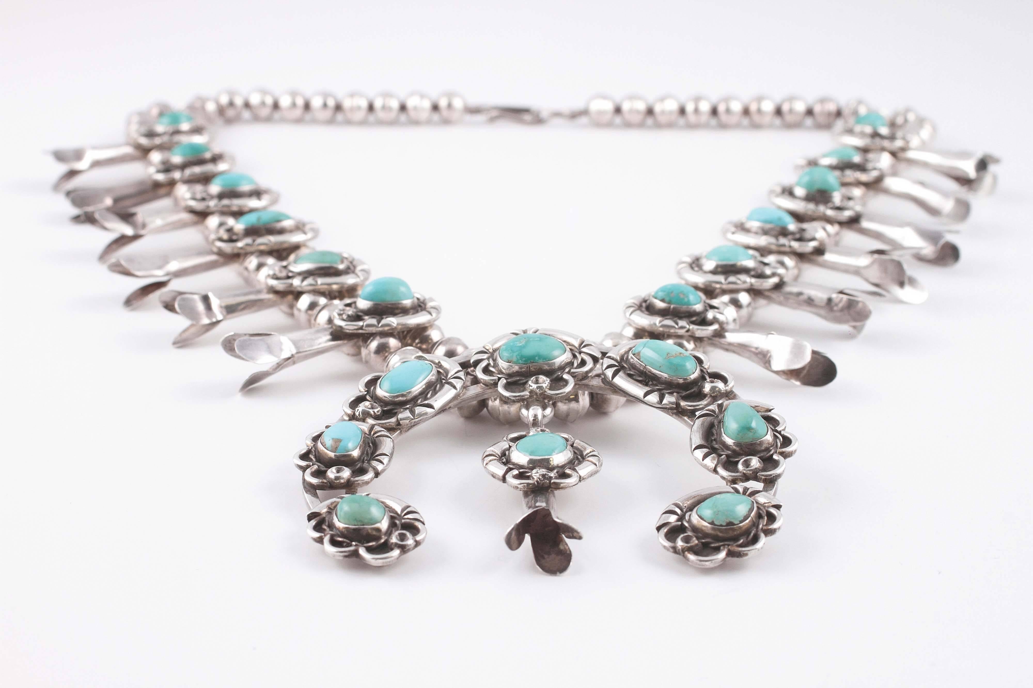 Silver Squash Blossom turquoise necklace In Excellent Condition In Dallas, TX
