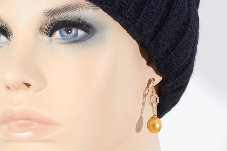 Golden South Sea Pearl Diamond Yellow Gold Hoop Dangle Earrings at 1stDibs