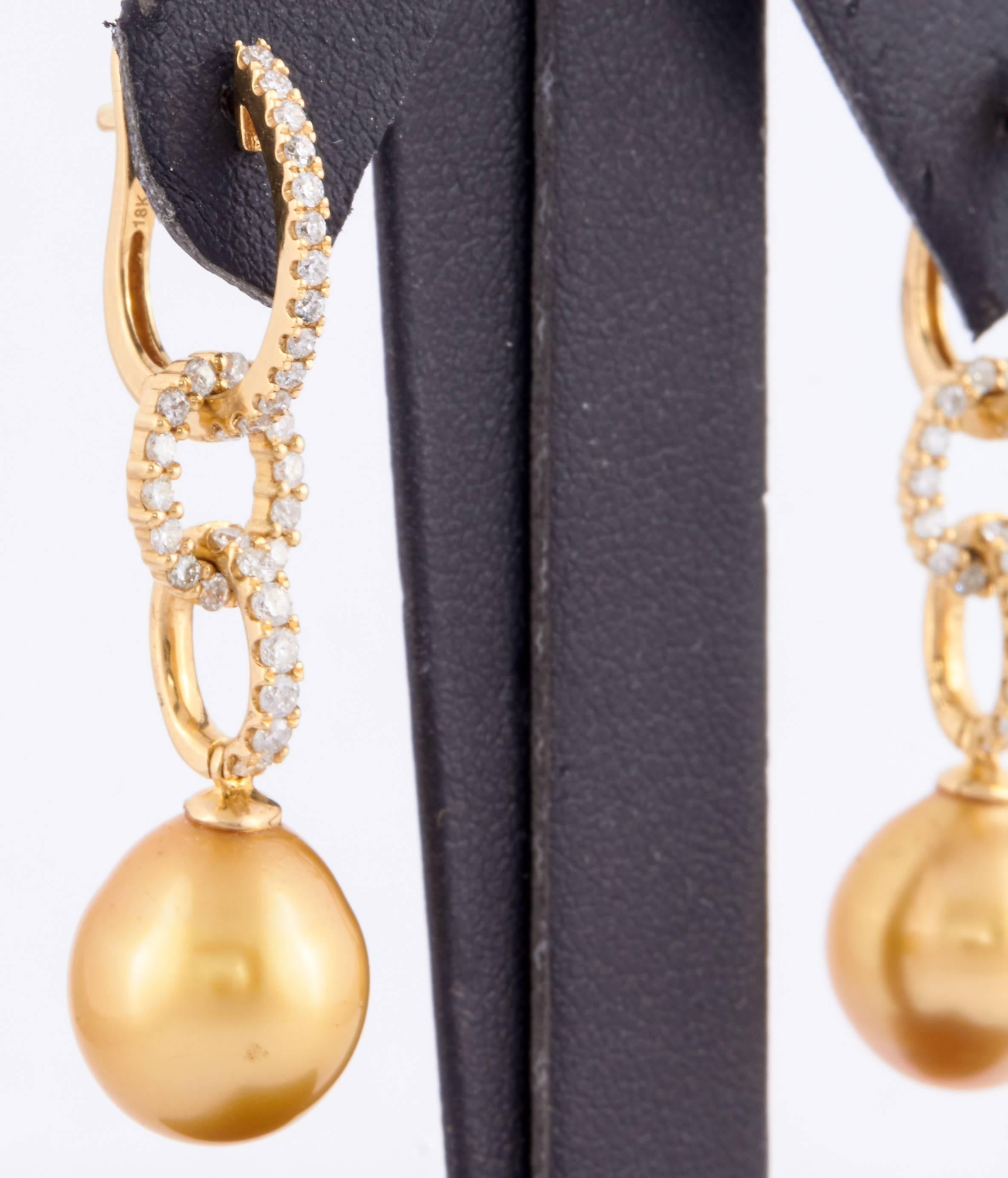 Women's Golden South Sea Pearl Diamond Yellow Gold Hoop Dangle Earrings