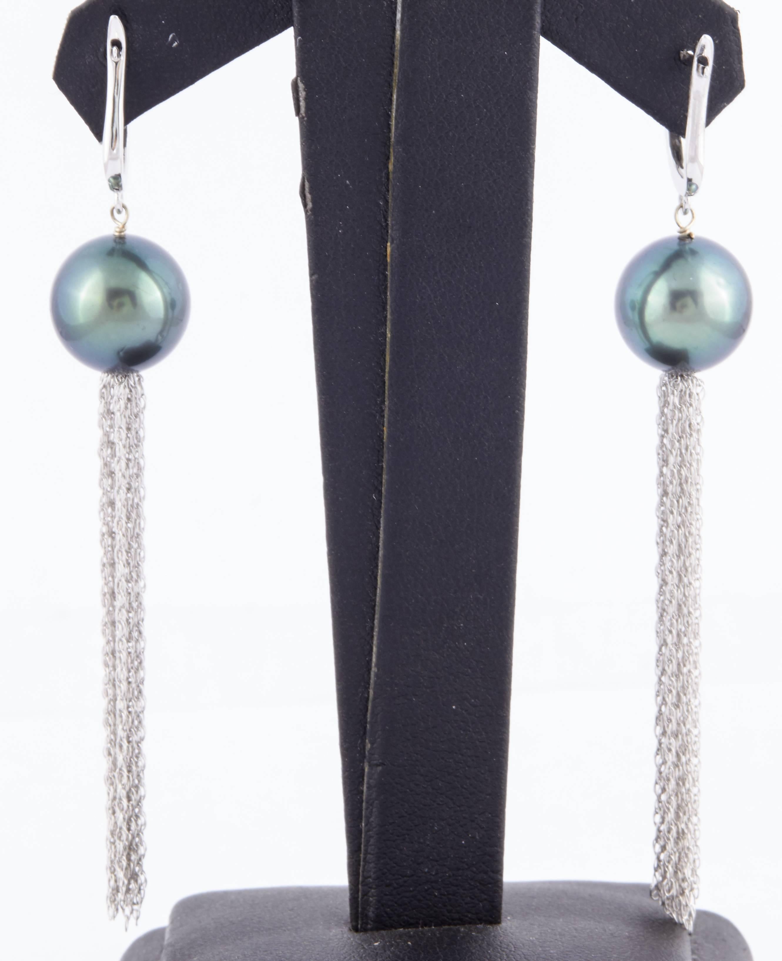 Tahitian Pearl Diamond Lever Back Dangle Earrings For Sale 1
