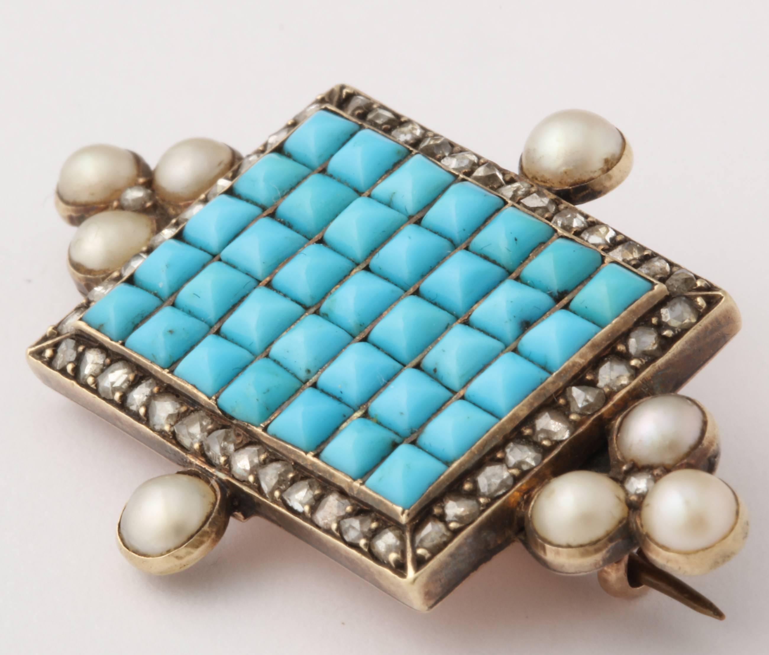 Antique Victorian Persian Turquoise Natural Pearl Diamond Brooch In Excellent Condition In New York, NY