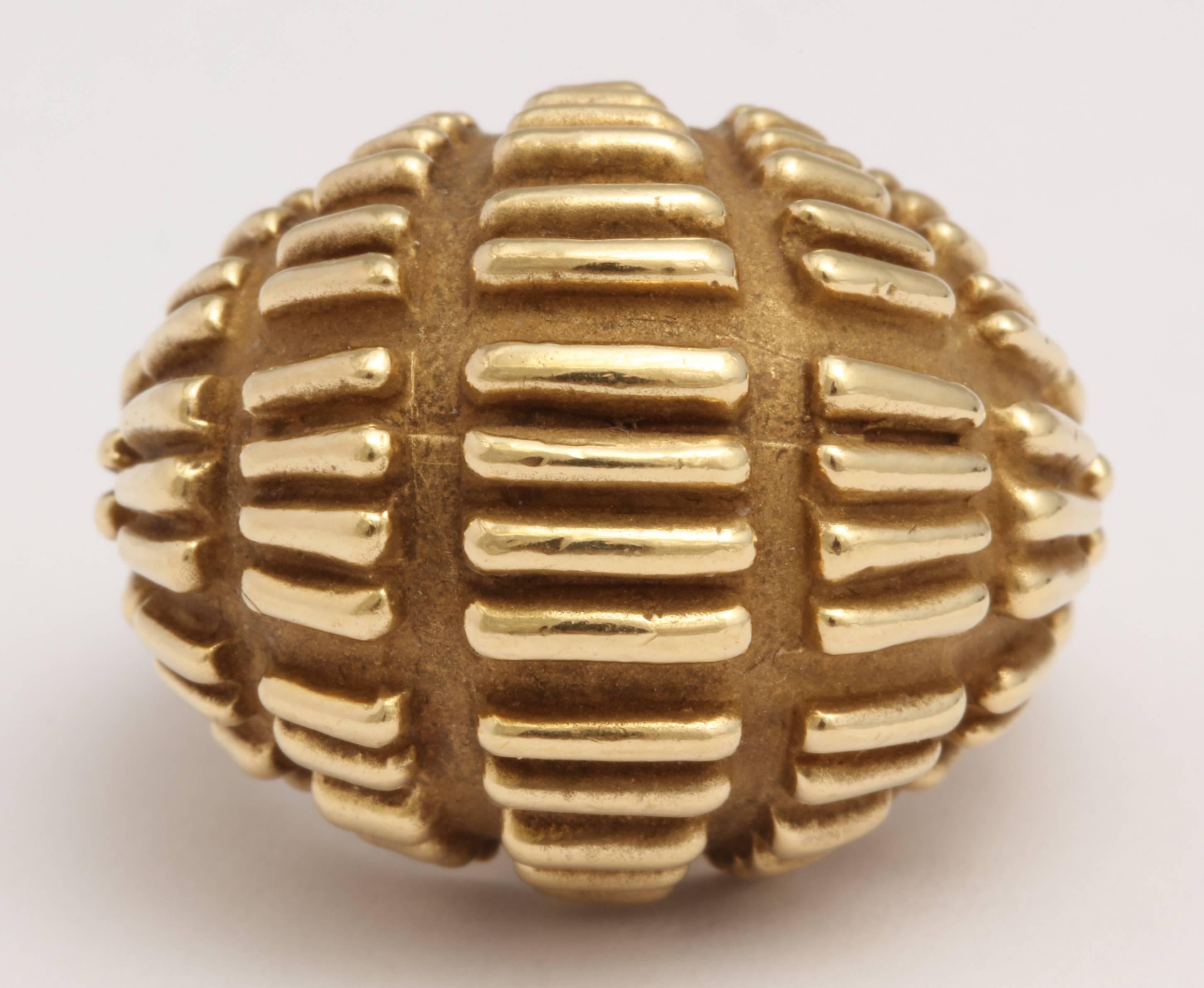 18kt  Yellow Gold Bombe Ring with 2 Textures - matte & polished and featuring Raised ridges to give this Ring a very dramatic and powerful look. Ca 1950.