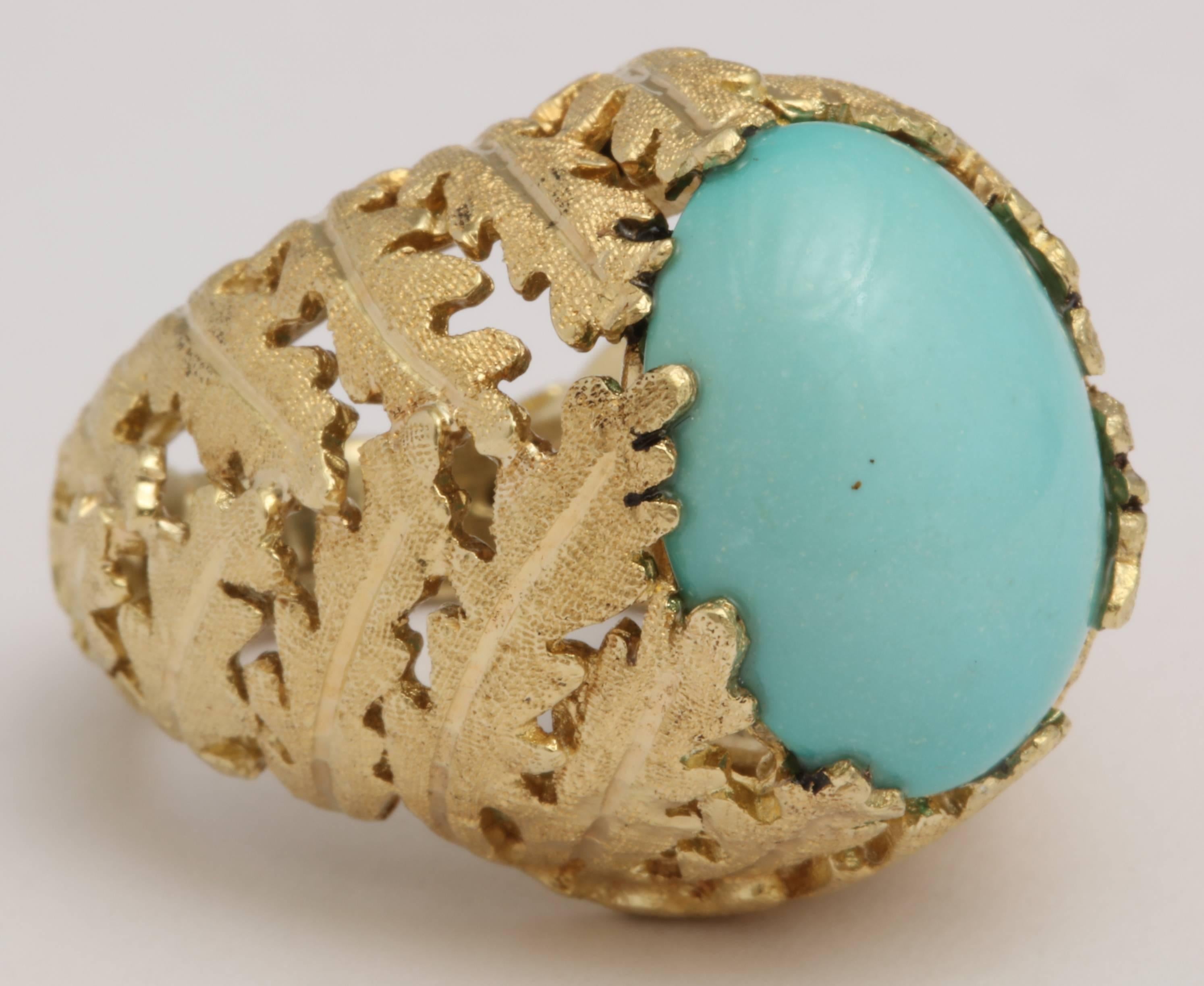 Romantic Turquoise and Gold Foliate Ring For Sale