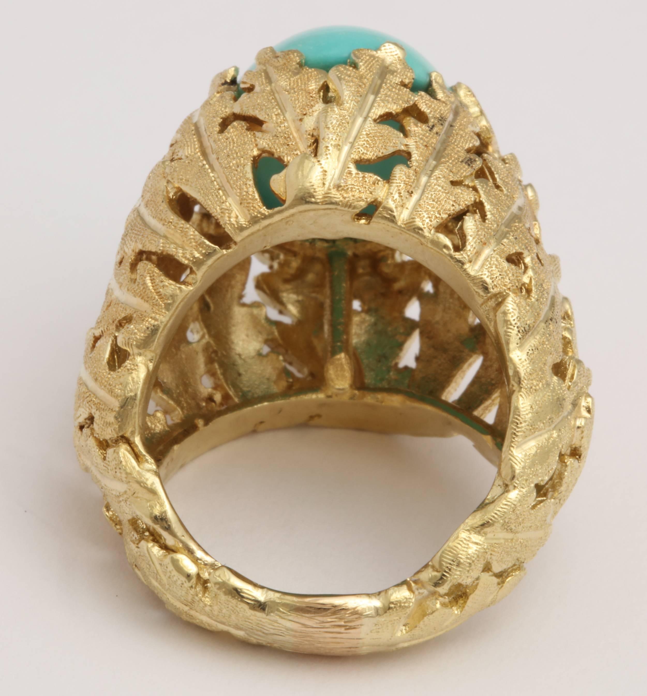 Women's Turquoise and Gold Foliate Ring For Sale